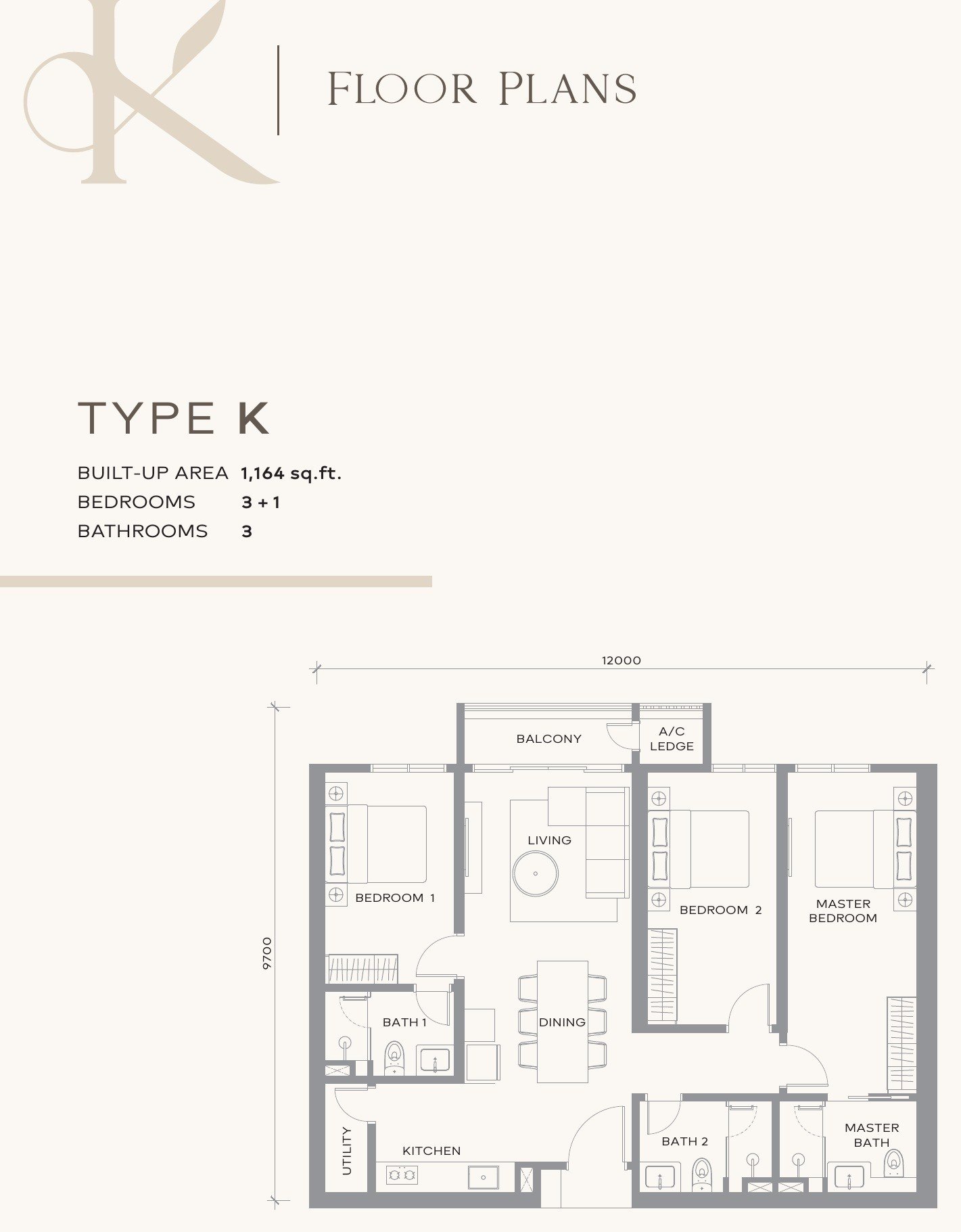 Khaya Residences Type K floor plan, 1,164 sq.ft. with three bedrooms and a utility