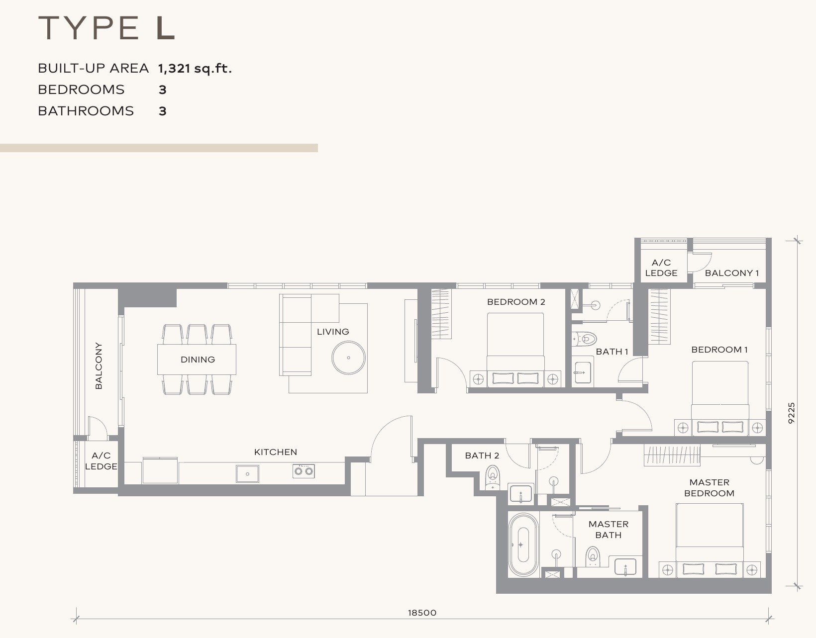 Khaya Residences Type L floor plan, 1,321 sq.ft. with three bedrooms and two balconies