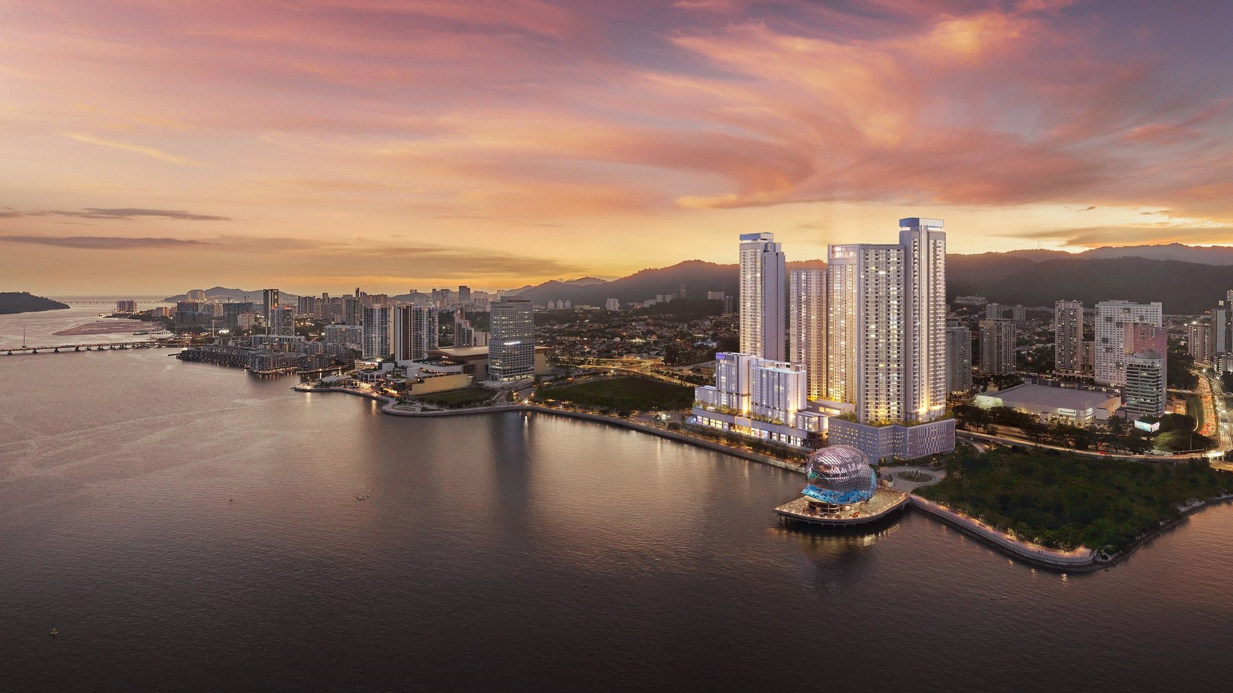 The Gelugor waterfront at sunset with The Lighthauz