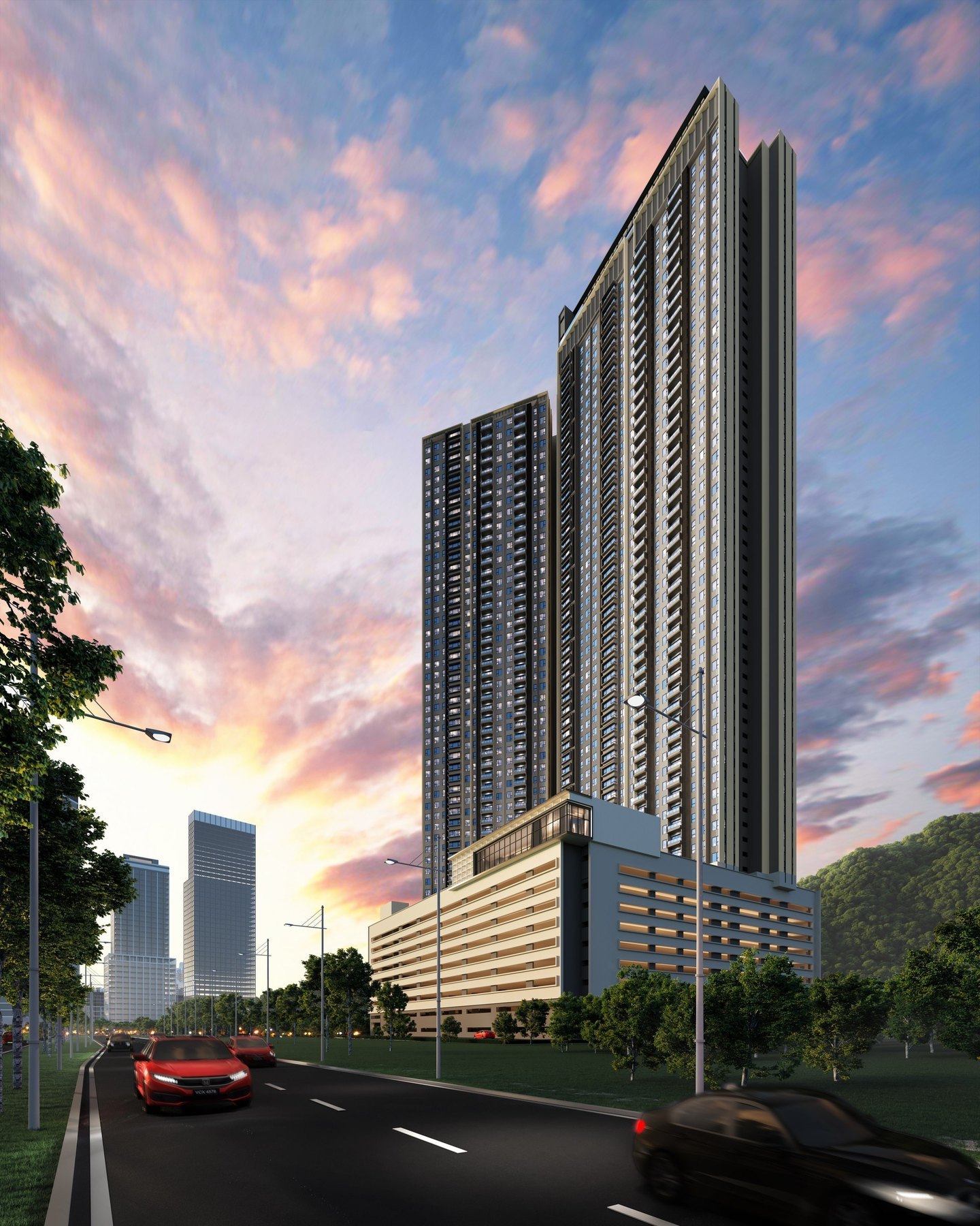 The Lighthauz tower facade at dusk