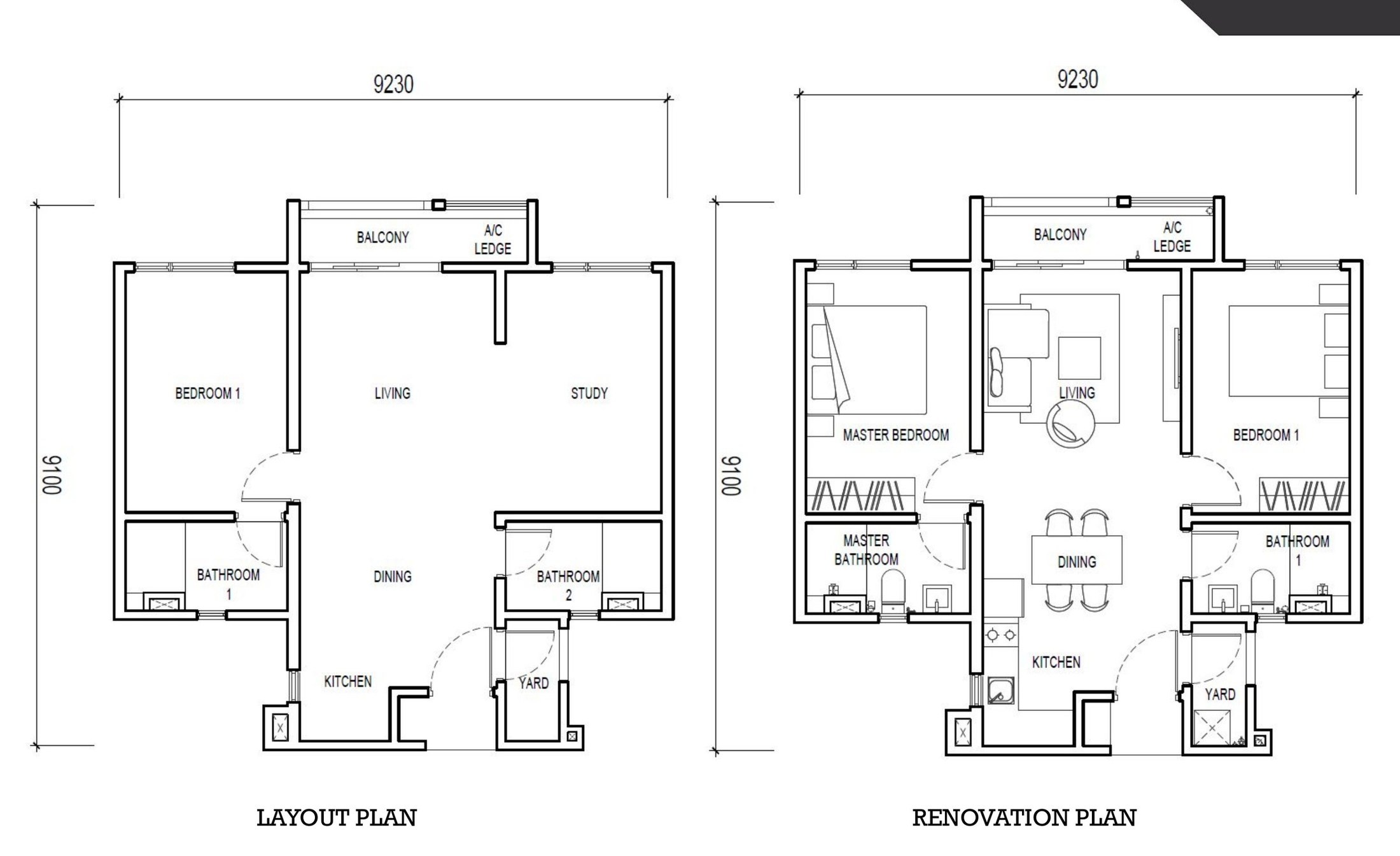 The Lighthauz Type A1 floor plan, 732 sq.ft., two bedrooms and two bathrooms with a balcony