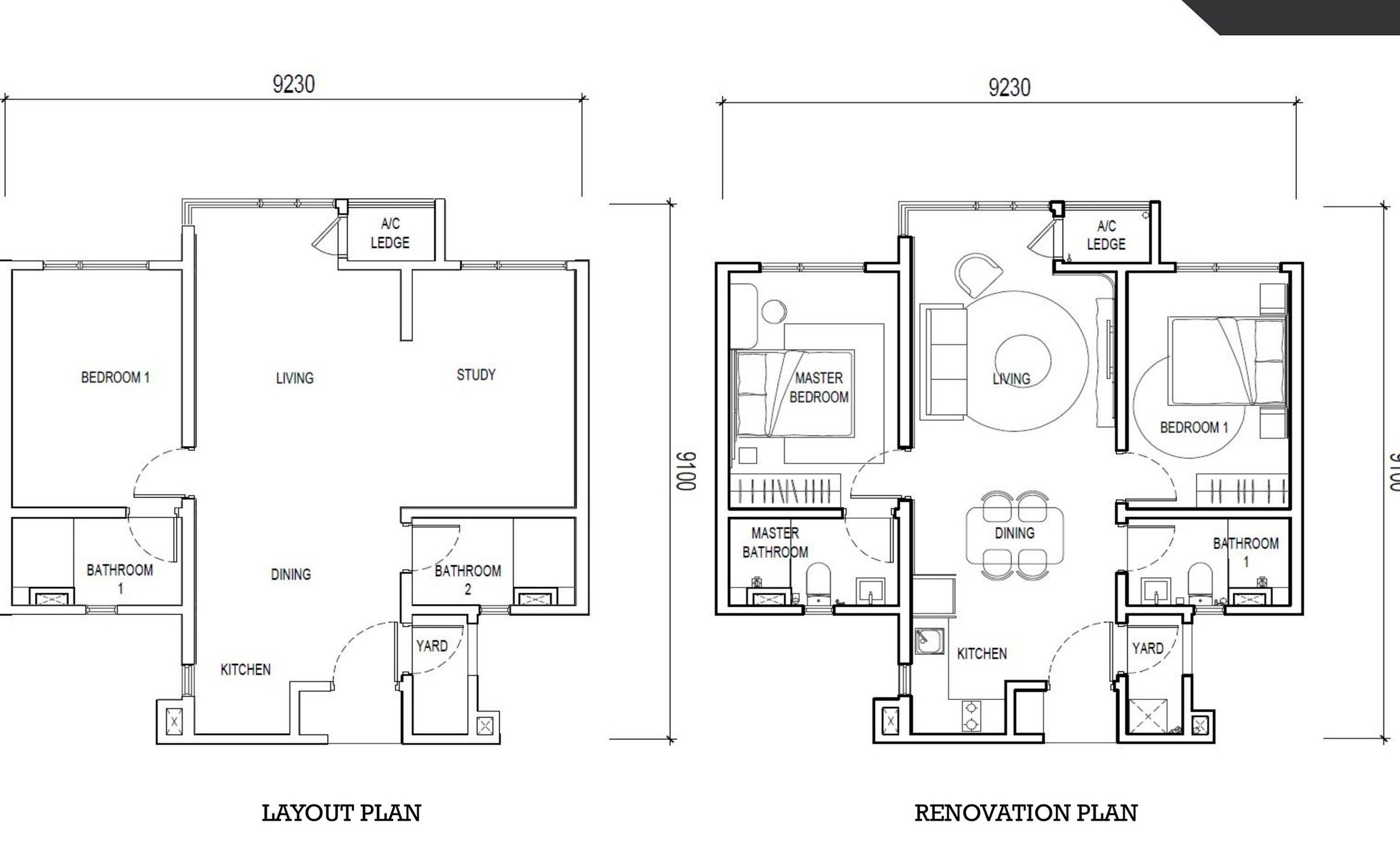 The Lighthauz Type A2 floor plan, 732 sq.ft., two bedrooms and two bathrooms without a balcony