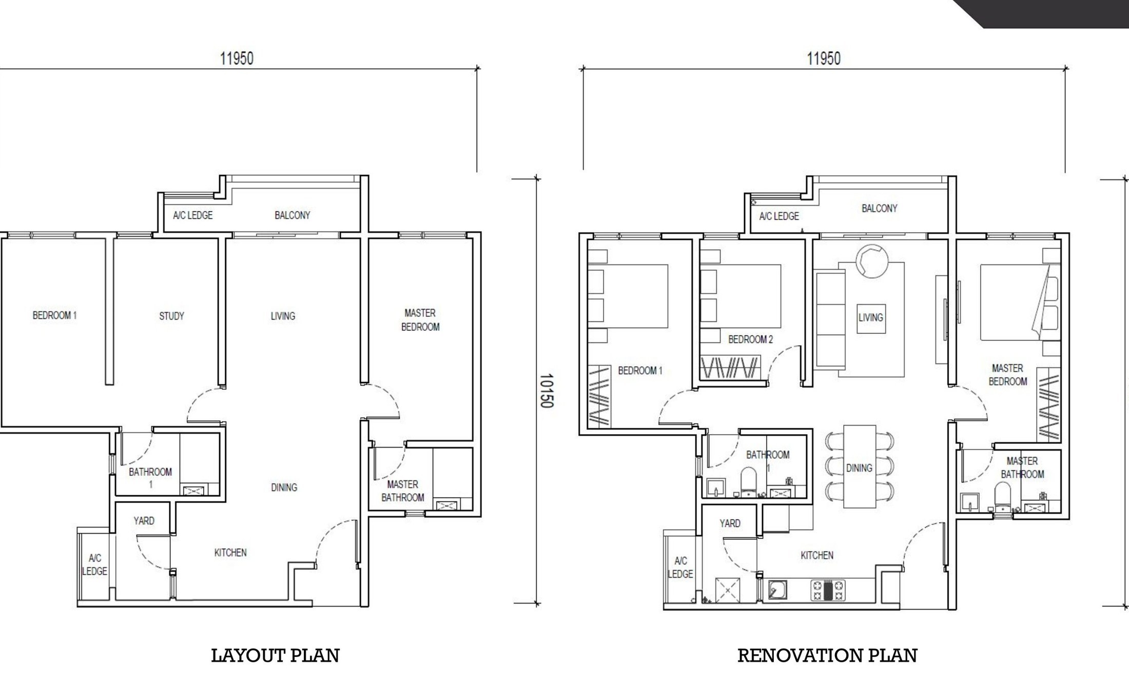 The Lighthauz Type B1 floor plan, 1,001 sq.ft., three bedrooms and two bathrooms with a balcony