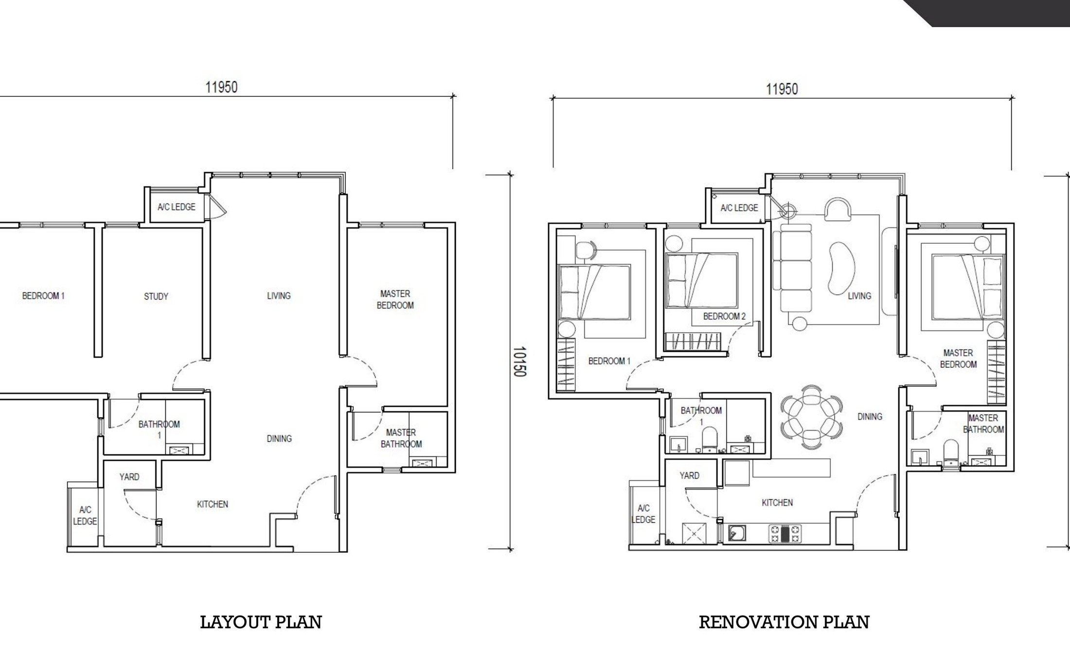 The Lighthauz Type B2 floor plan, 1,001 sq.ft., three bedrooms and two bathrooms without a balcony