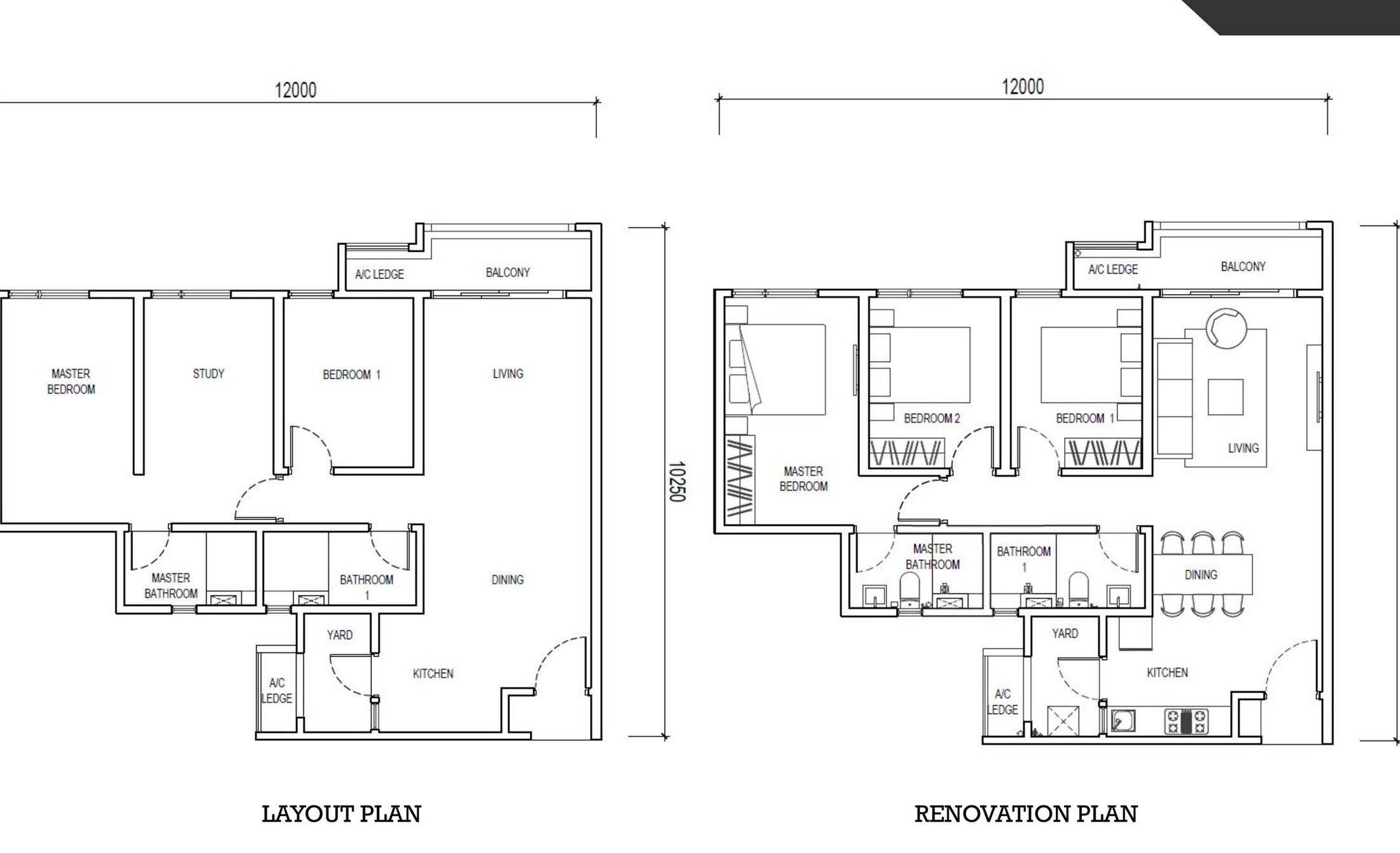 The Lighthauz Type C1 floor plan, 1,001 sq.ft., three bedrooms and two bathrooms with a balcony
