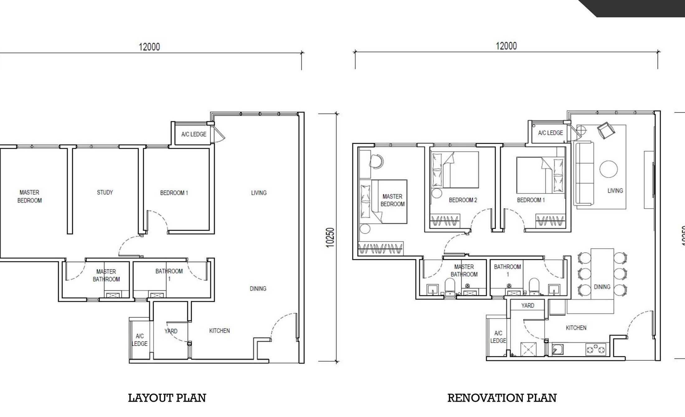 The Lighthauz Type C2 floor plan, 1,001 sq.ft., three bedrooms and two bathrooms without a balcony