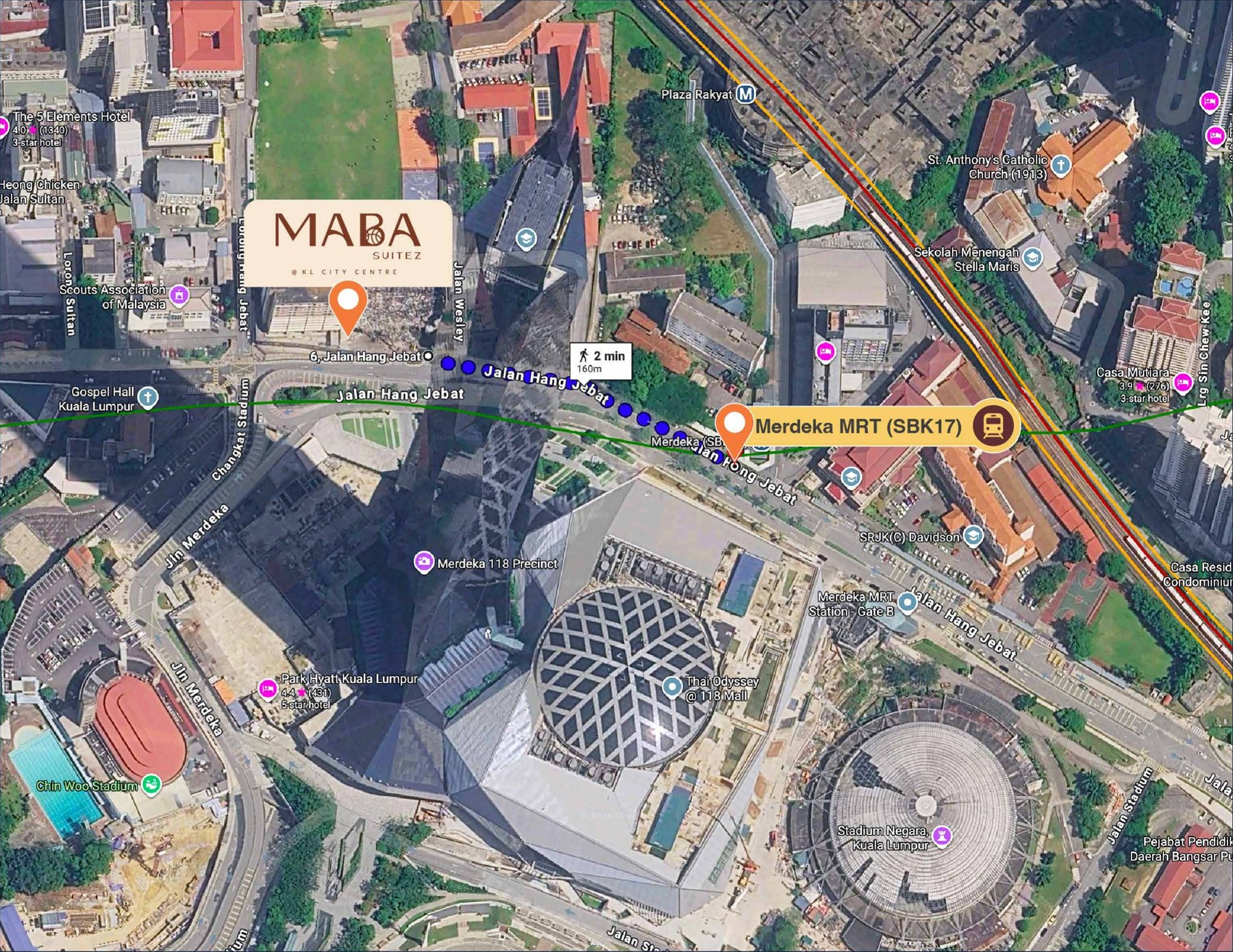 Location map showing MABA Suitez, Merdeka MRT station and the surrounding Kuala Lumpur city centre
