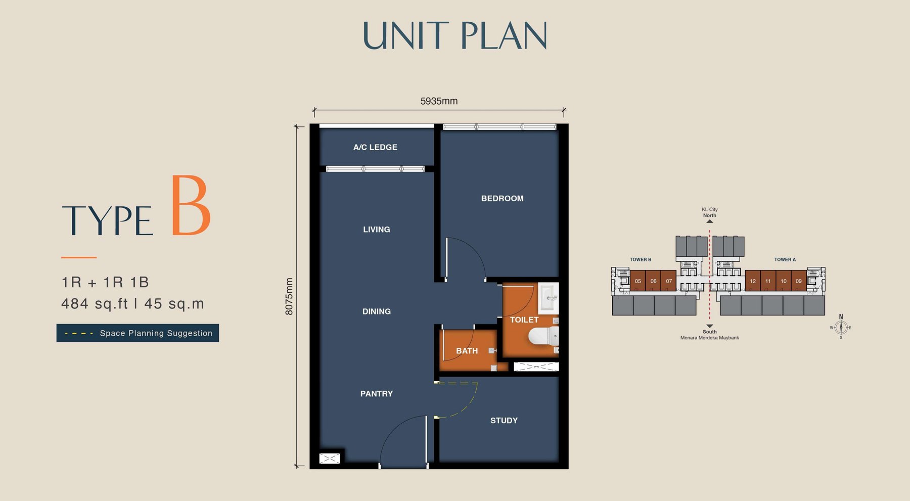 MABA Suitez Type B floor plan, 484 sq.ft. with one bedroom and a study