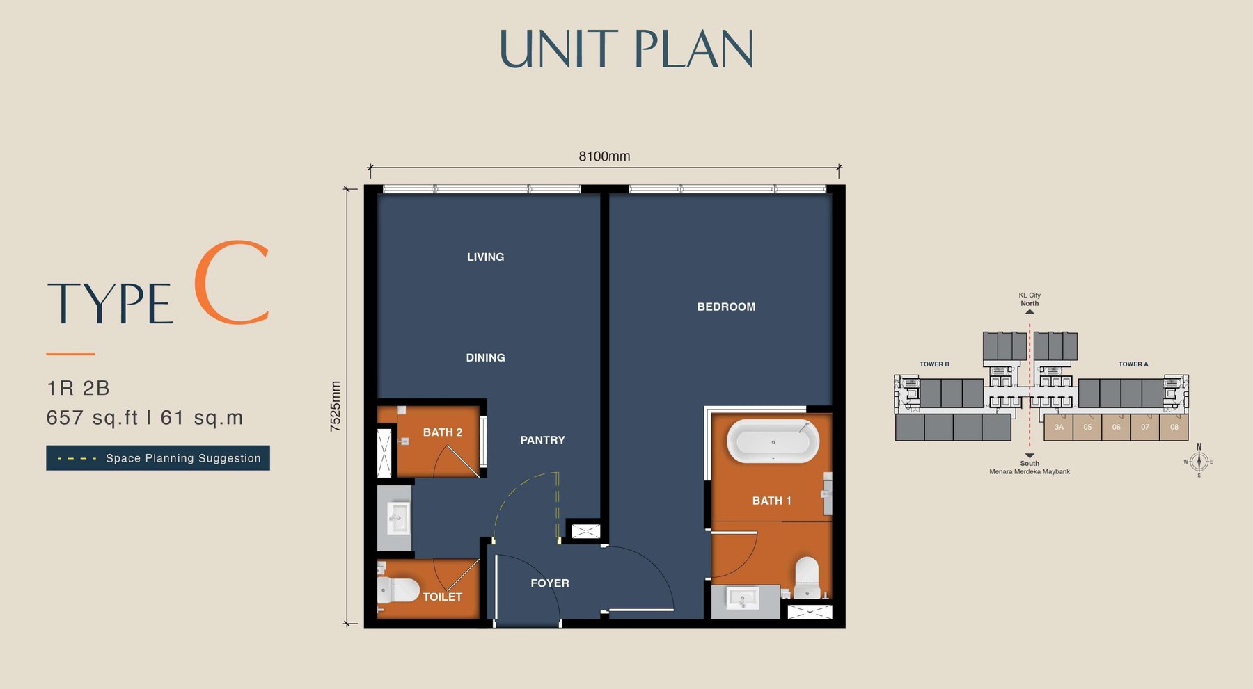 MABA Suitez Type C dual-key floor plan, 657 sq.ft. with one bedroom and two bathrooms