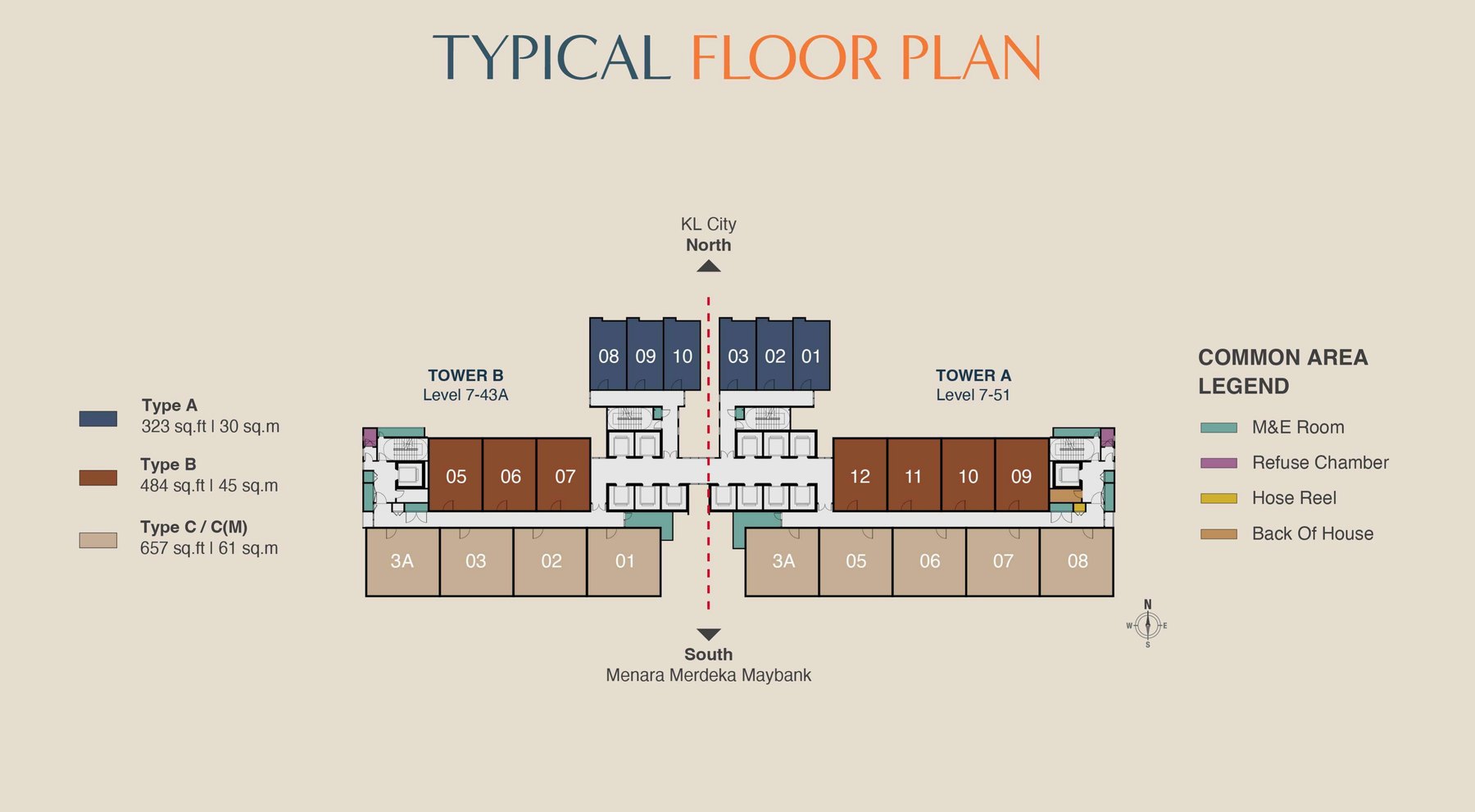 Typical floor plate at MABA Suitez showing Tower A and Tower B and the position of each unit type