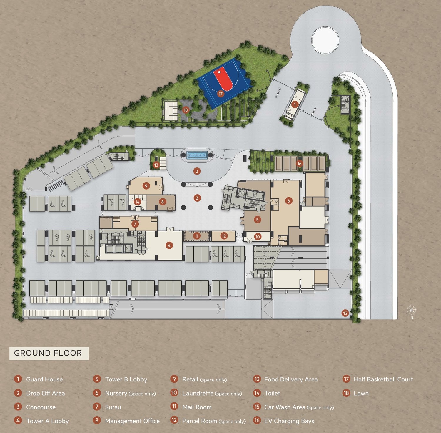 OAKA Residences Bukit Jalil ground floor plan showing the guard house, drop off, both tower lobbies and half basketball court