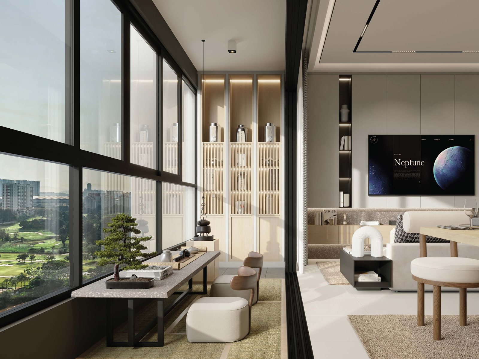 Living area opening onto the lanai at OAKA Residences Bukit Jalil, artist's impression