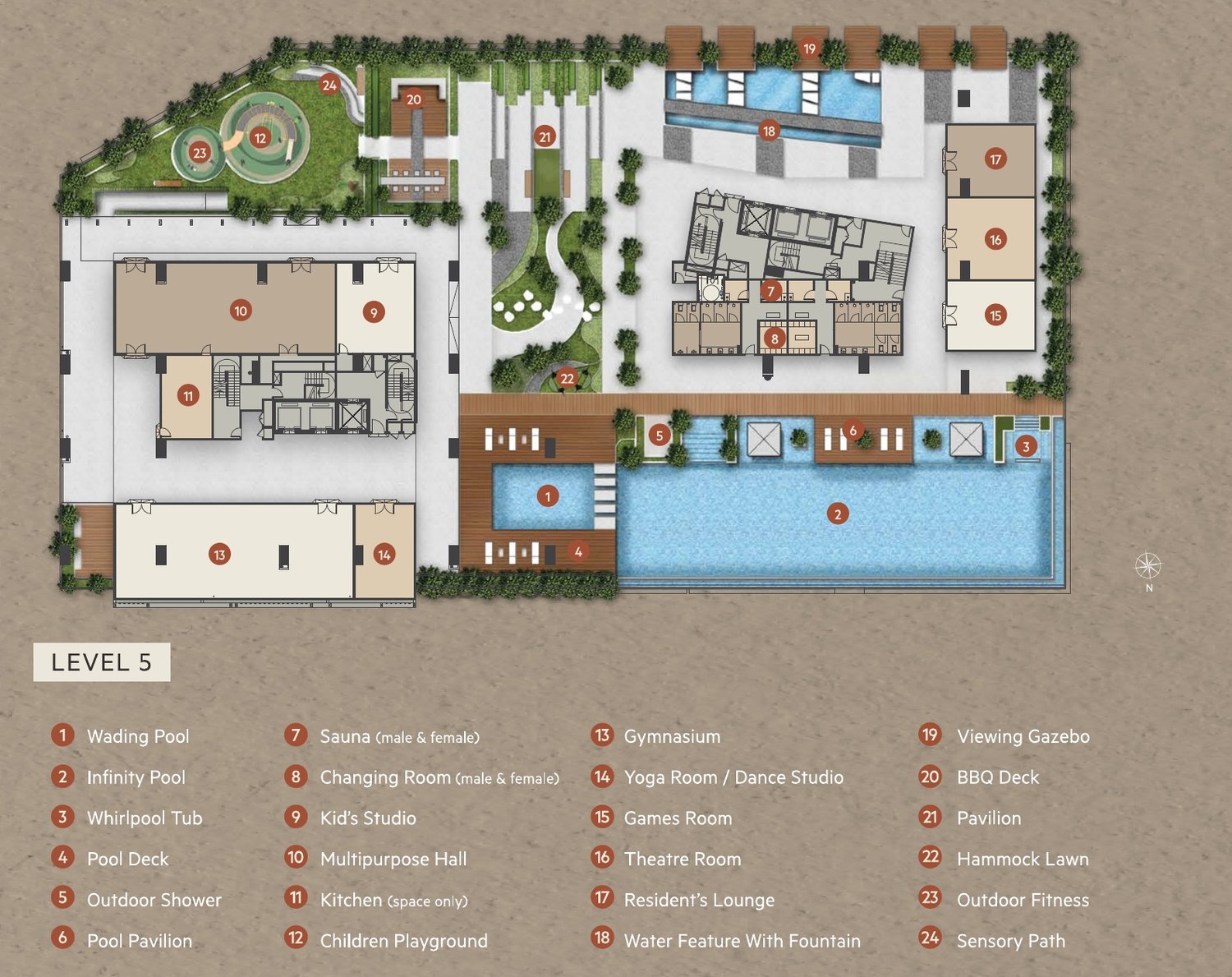 OAKA Residences Bukit Jalil Level 5 facilities plan showing the infinity pool, gymnasium and pool pavilion with numbered legend