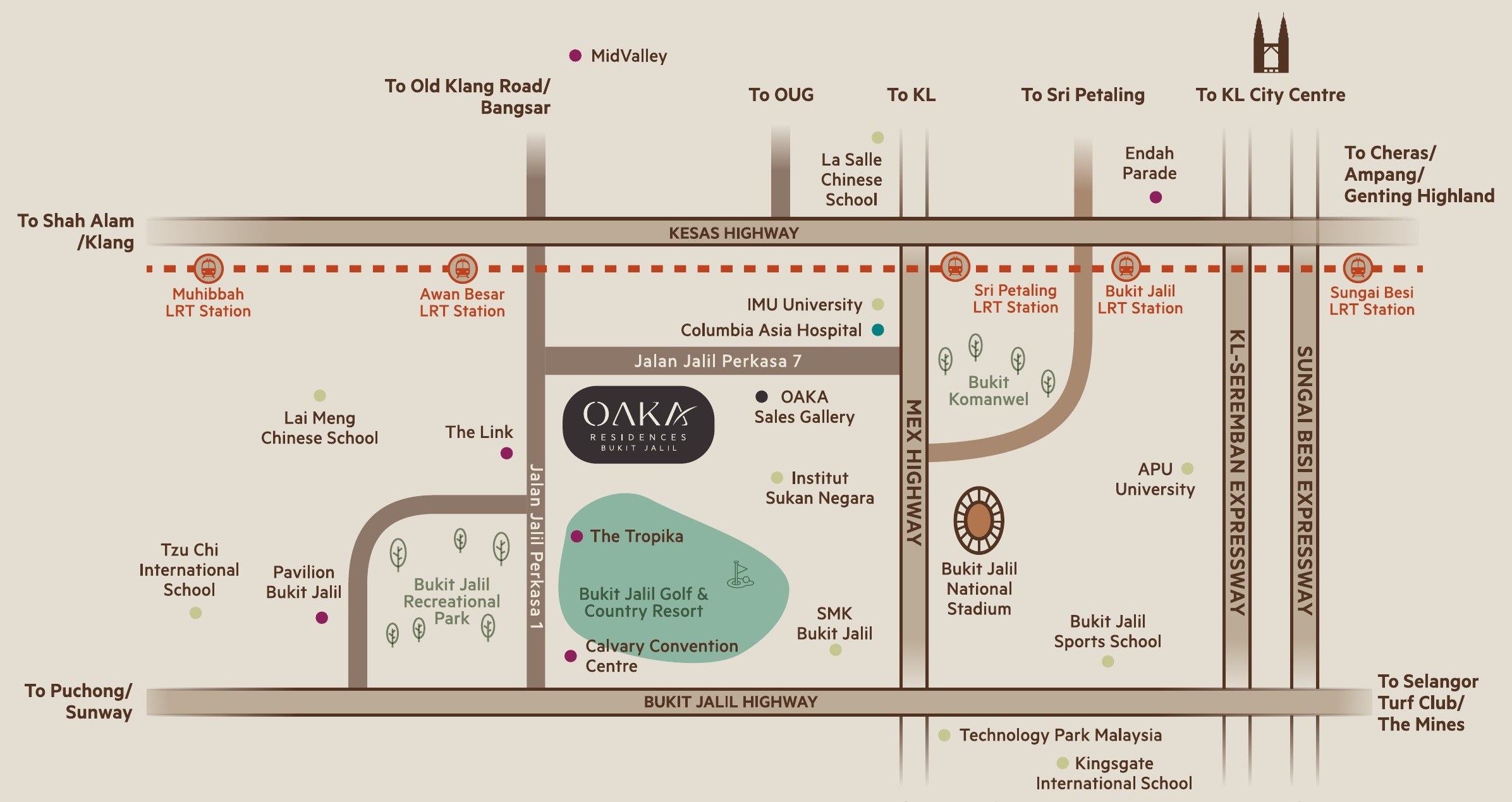 OAKA Residences Bukit Jalil accessibility map showing KESAS Highway, MEX, LRT stations and surrounding landmarks