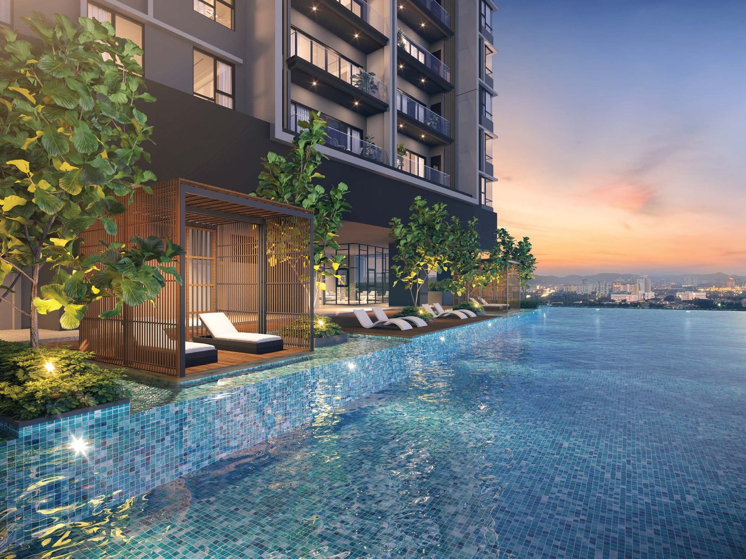 Pool pavilion and sun loungers at OAKA Residences Bukit Jalil