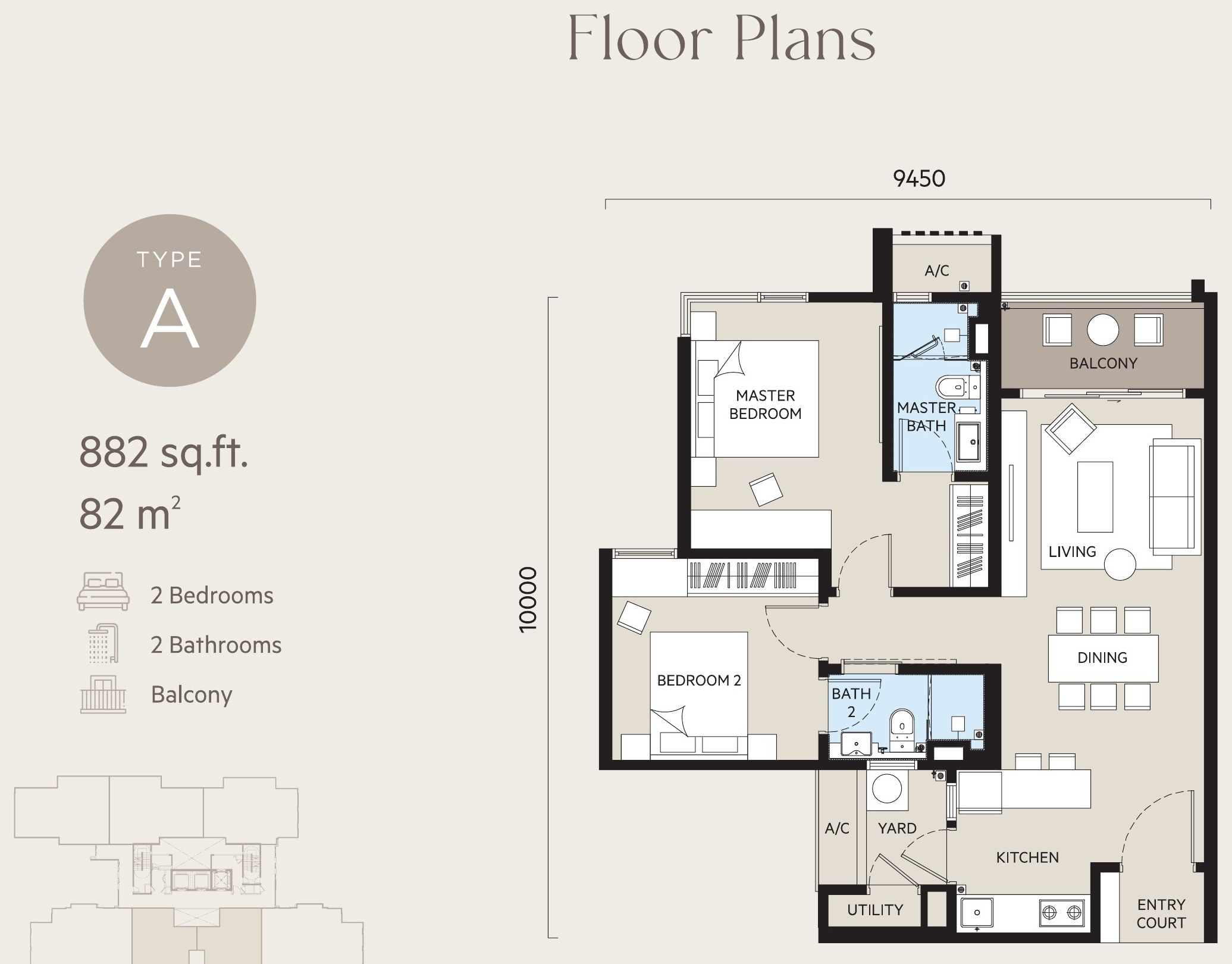 OAKA Residences Bukit Jalil Type A 882 sqft floor plan, 2 bedrooms 2 bathrooms with balcony
