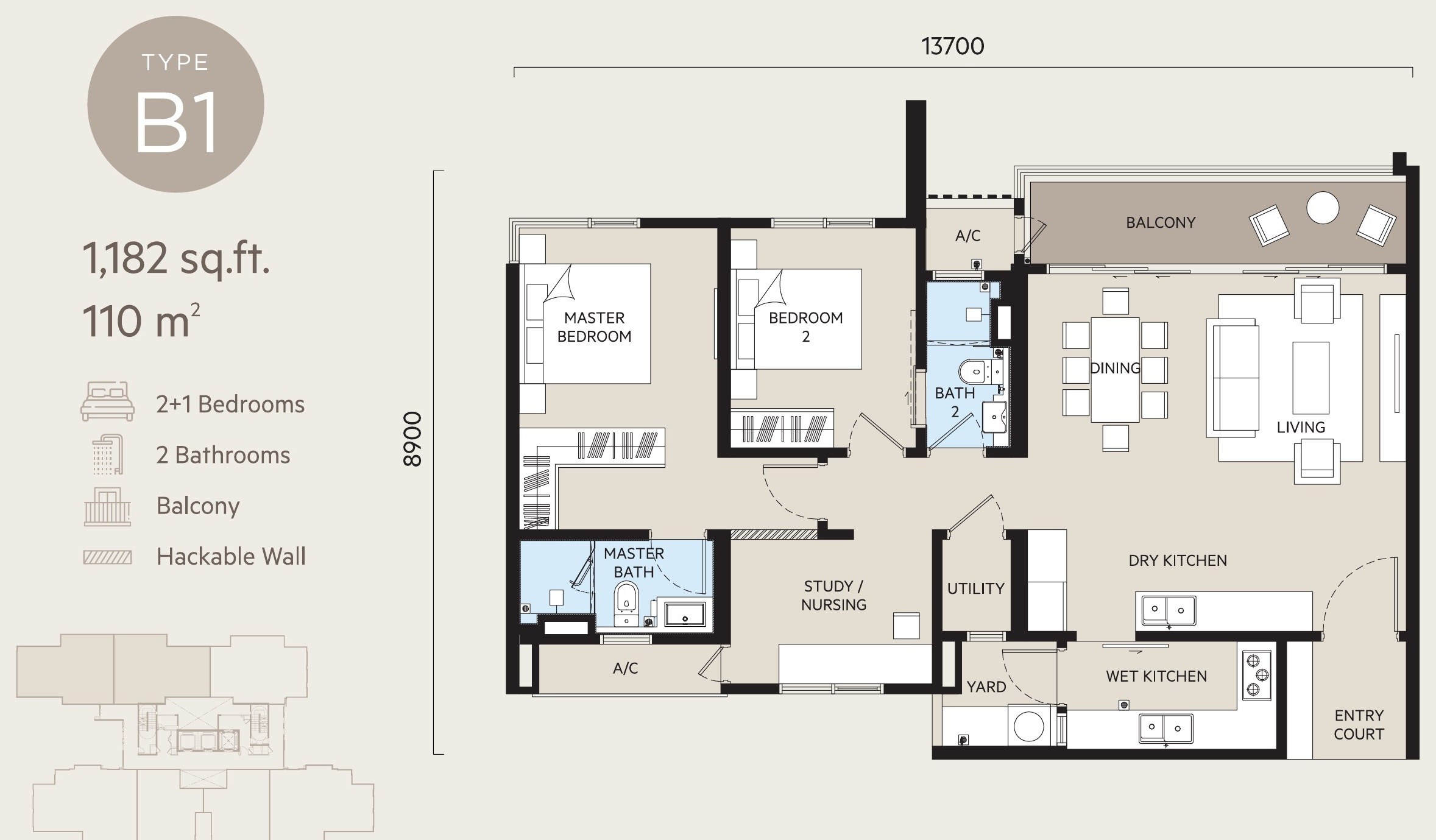 OAKA Residences Bukit Jalil Type B1 and B2 1182 sqft floor plan, 2+1 bedrooms 2 bathrooms with balcony