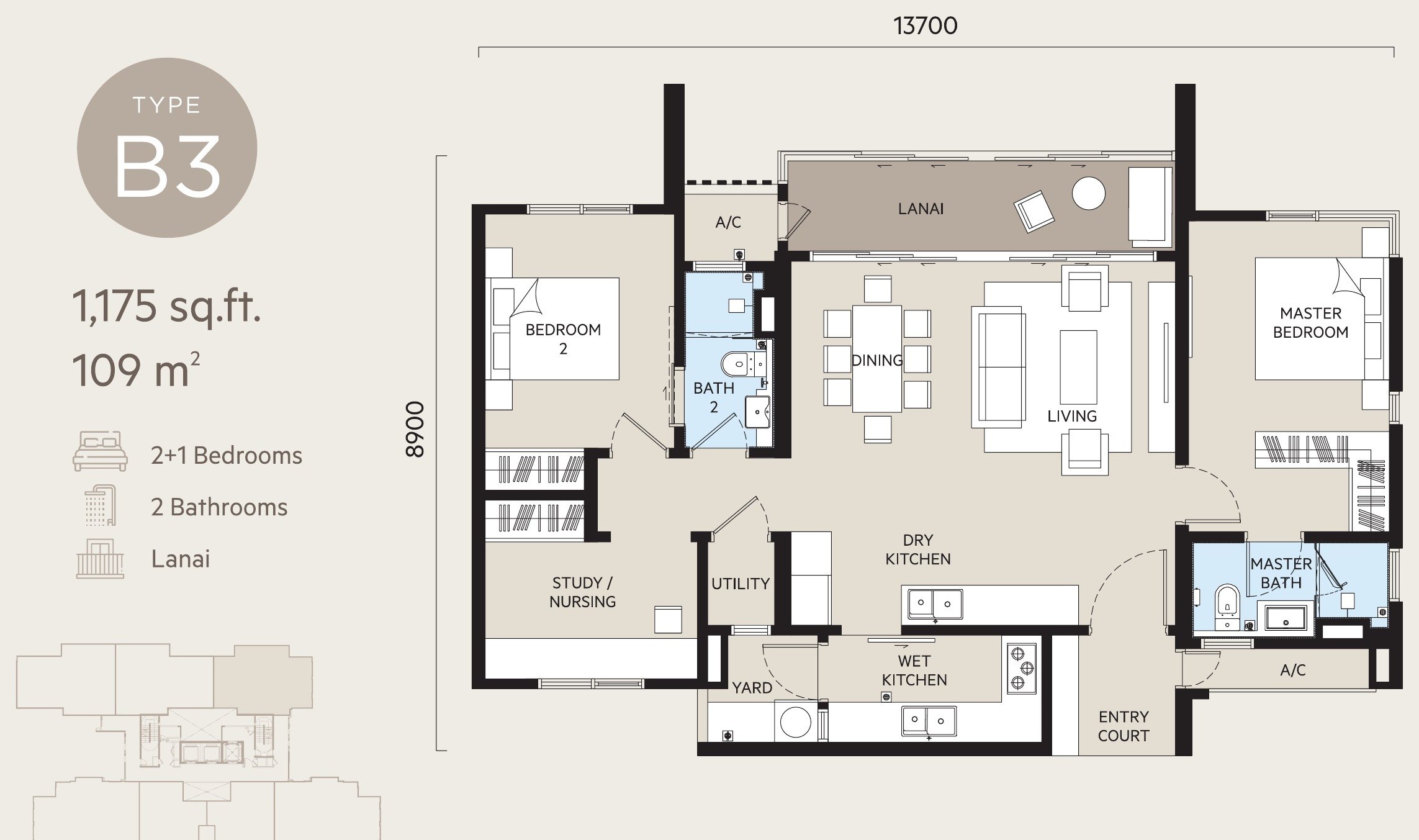 OAKA Residences Bukit Jalil Type B3 1175 sqft floor plan, 2+1 bedrooms 2 bathrooms with lanai