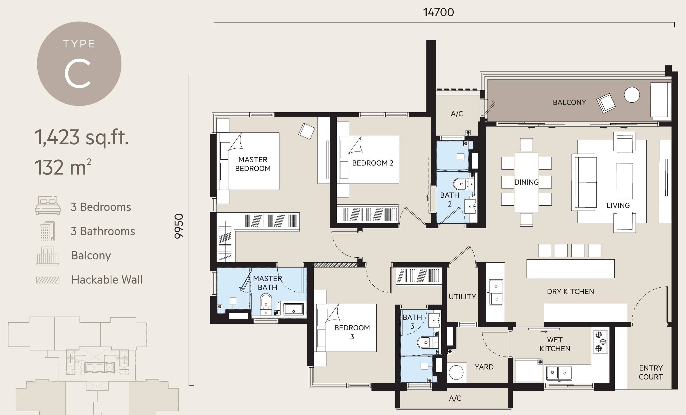 OAKA Residences Bukit Jalil Type C 1423 sqft floor plan, 3 bedrooms 3 bathrooms with balcony