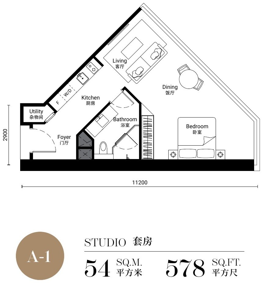 SO/ Kuala Lumpur Residences Type A-1 studio floor plan, 578 sq.ft., on the angled corner
