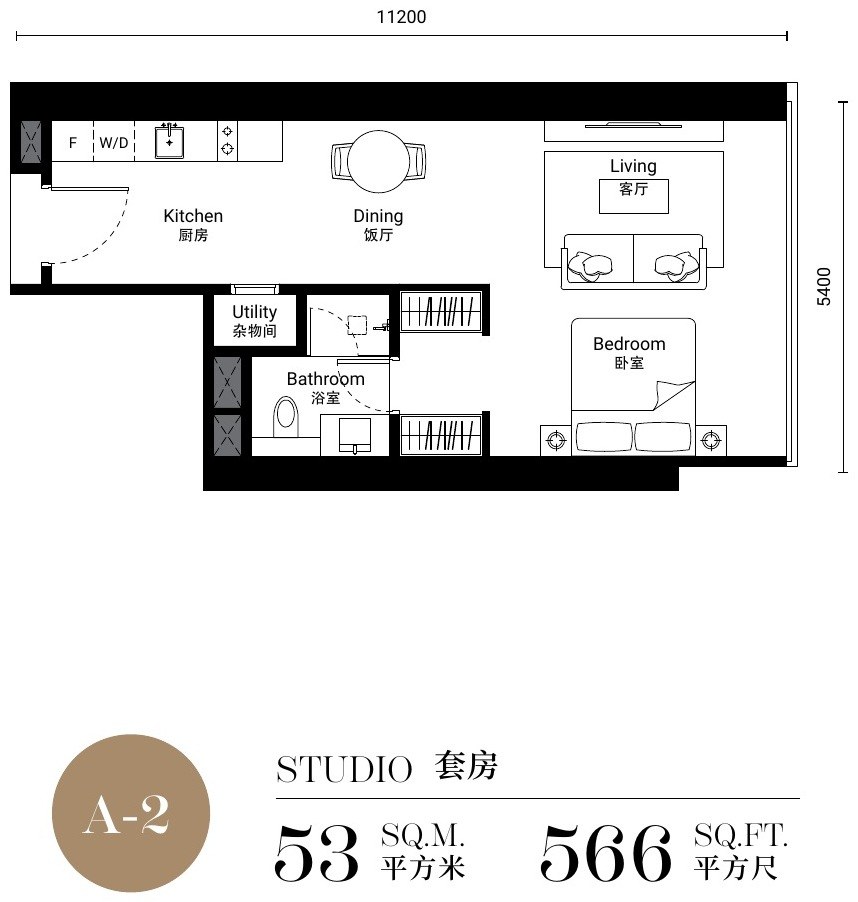 SO/ Kuala Lumpur Residences Type A-2 studio floor plan, 566 sq.ft.