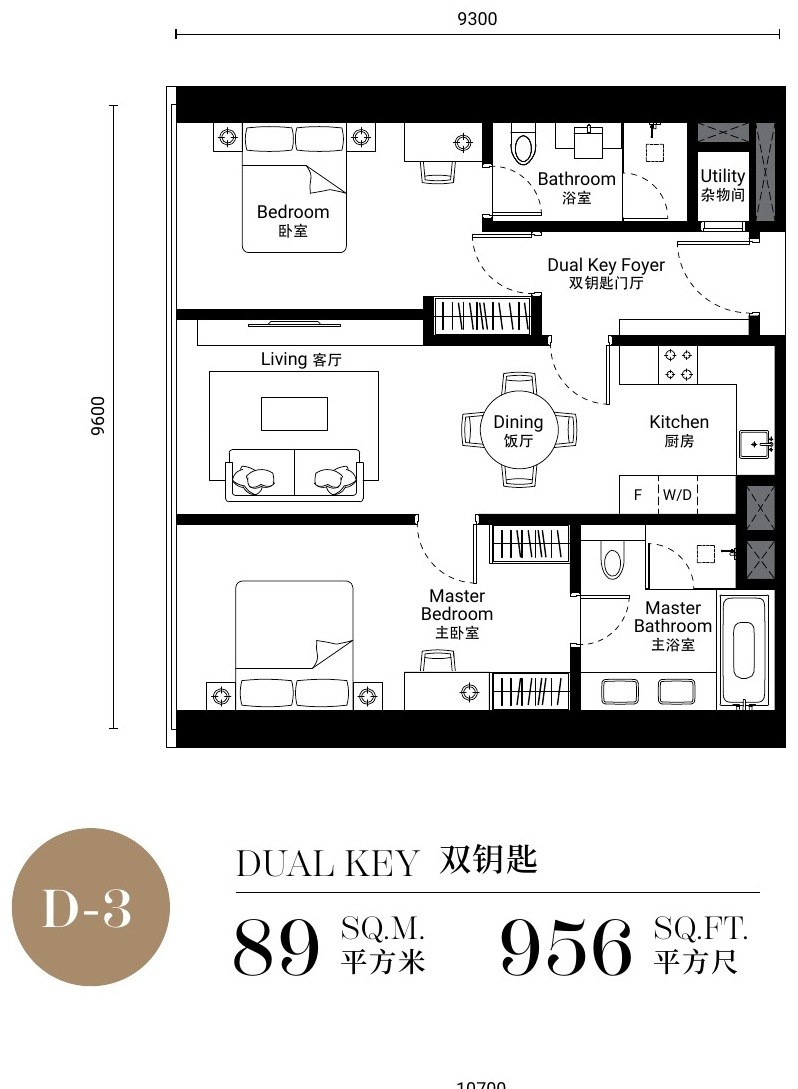 SO/ Kuala Lumpur Residences Type D-3 dual-key floor plan, 956 sq.ft.