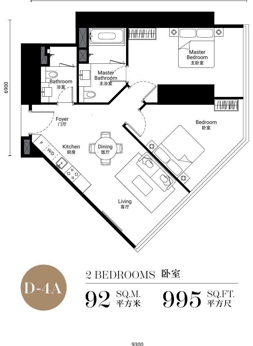 SO/ Kuala Lumpur Residences Type D-4A floor plan, 995 sq.ft., 2 bedrooms on the angled corner