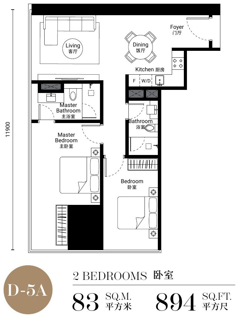 SO/ Kuala Lumpur Residences Type D-5A floor plan, 894 sq.ft., 2 bedrooms