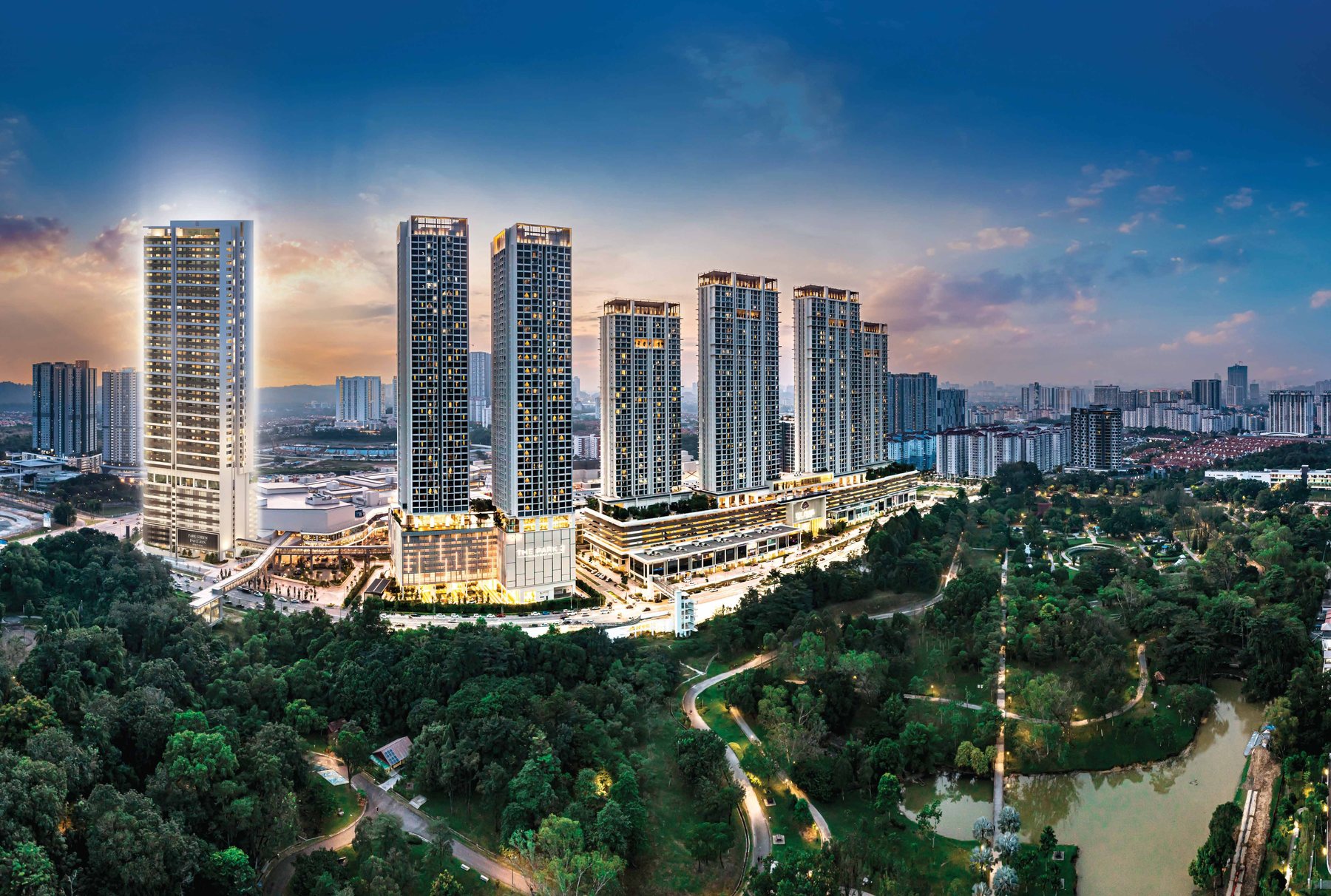 Aerial view of Bukit Jalil City at dusk showing Pavilion Bukit Jalil and the towers