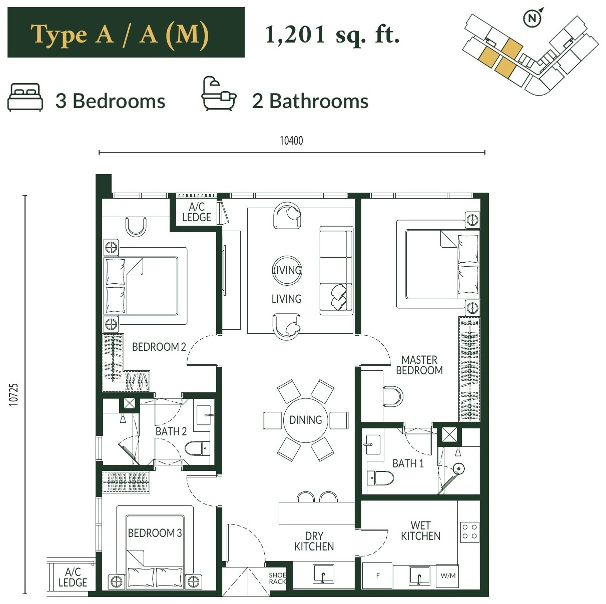 Park Green Pavilion Type A floor plan, 1,201 sq.ft., 3 bedrooms and 2 bathrooms