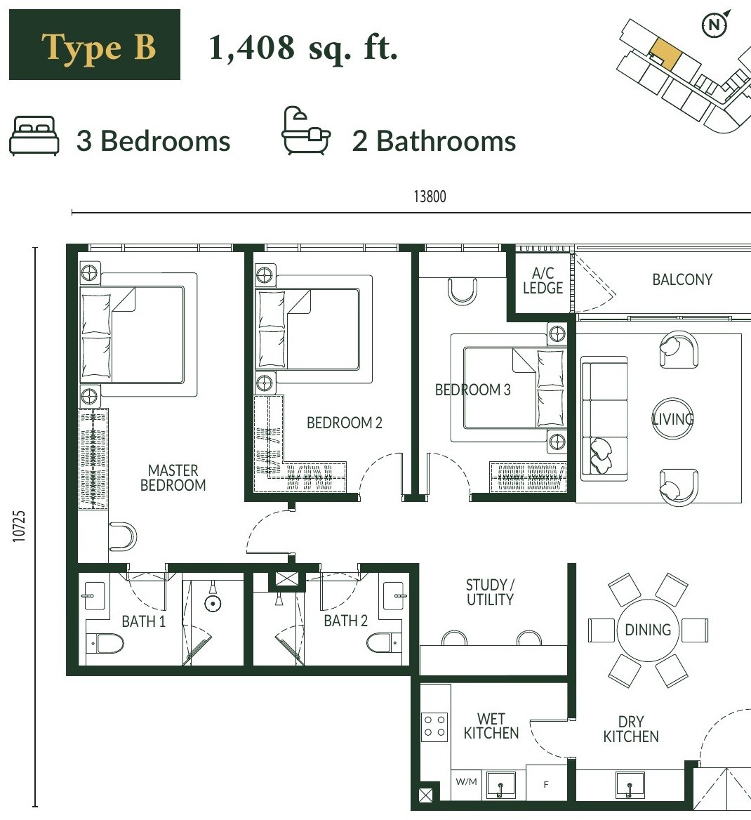 Park Green Pavilion Type B floor plan, 1,408 sq.ft., 3 bedrooms with study and balcony