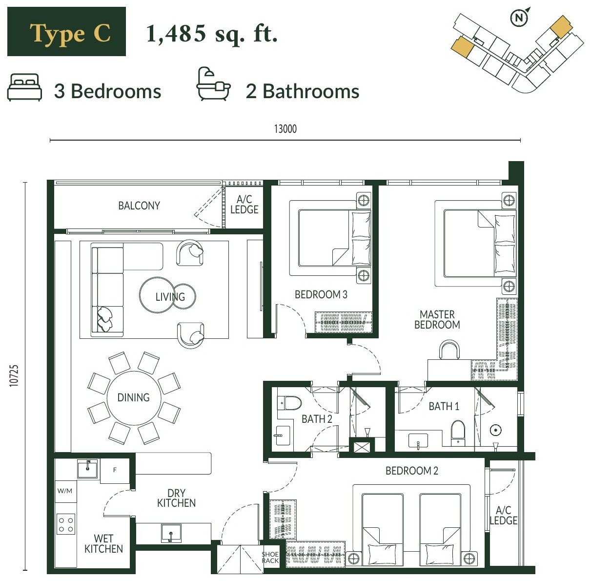 Park Green Pavilion Type C floor plan, 1,485 sq.ft., 3 bedrooms with balcony