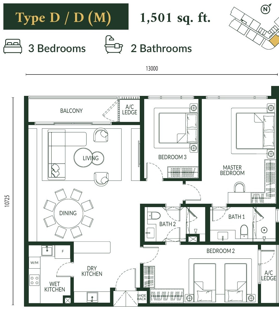 Park Green Pavilion Type D floor plan, 1,501 sq.ft., 3 bedrooms with balcony