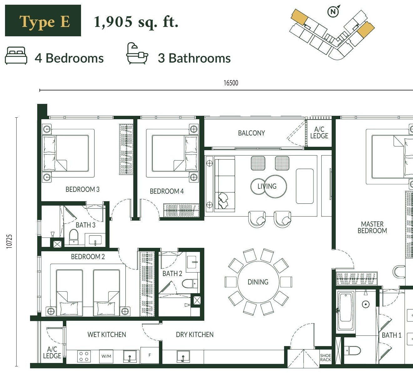 Park Green Pavilion Type E floor plan, 1,905 sq.ft., 4 bedrooms and 3 bathrooms