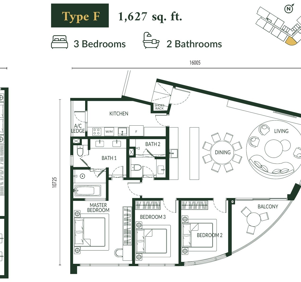Park Green Pavilion Type F floor plan, 1,627 sq.ft., 3 bedrooms on the curved corner