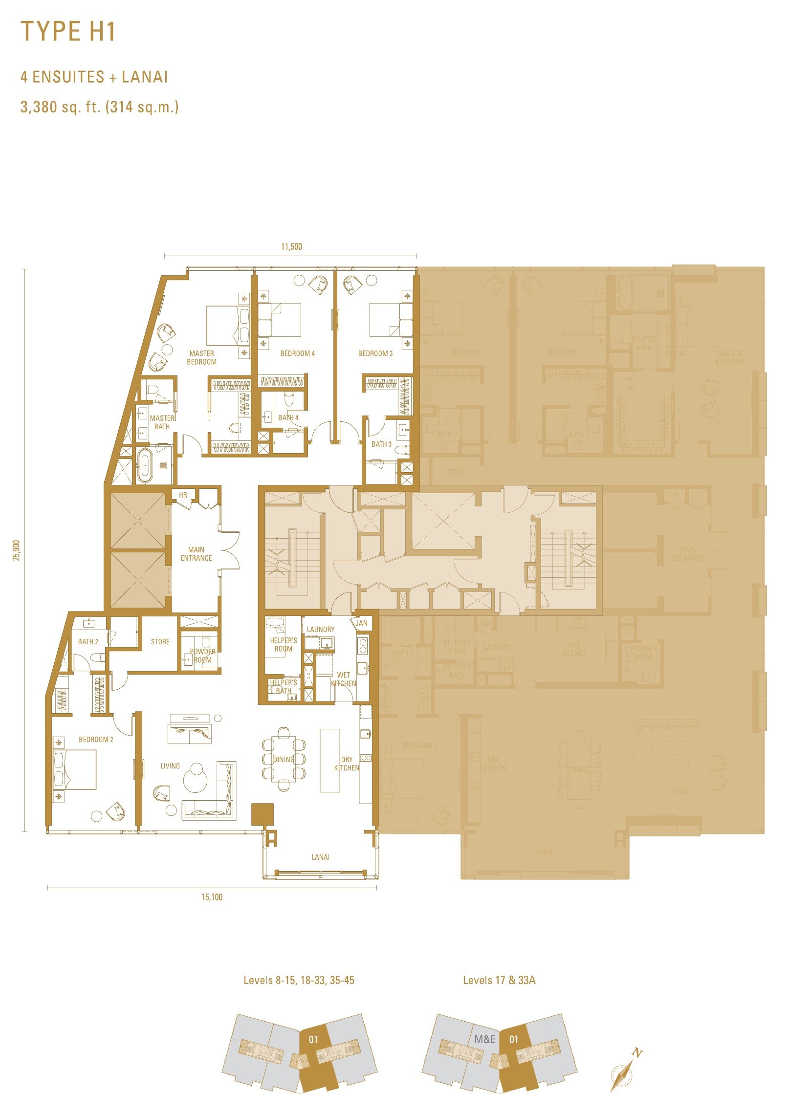 Imperial Residences Type H1 floor plan, 3,380 sq.ft. with four ensuites and a lanai