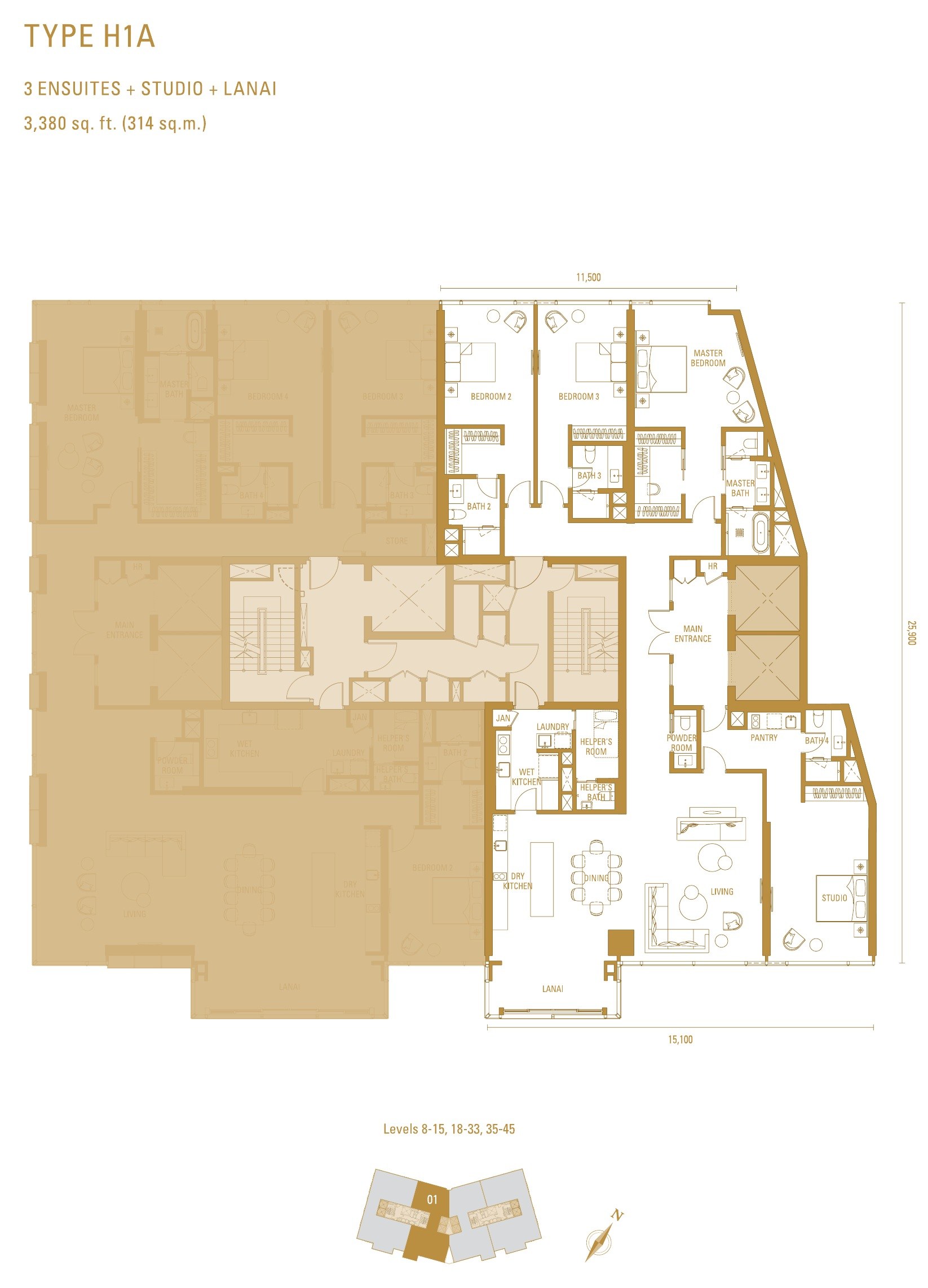 Imperial Residences Type H1a floor plan, 3,380 sq.ft. with three ensuites, a studio and a lanai