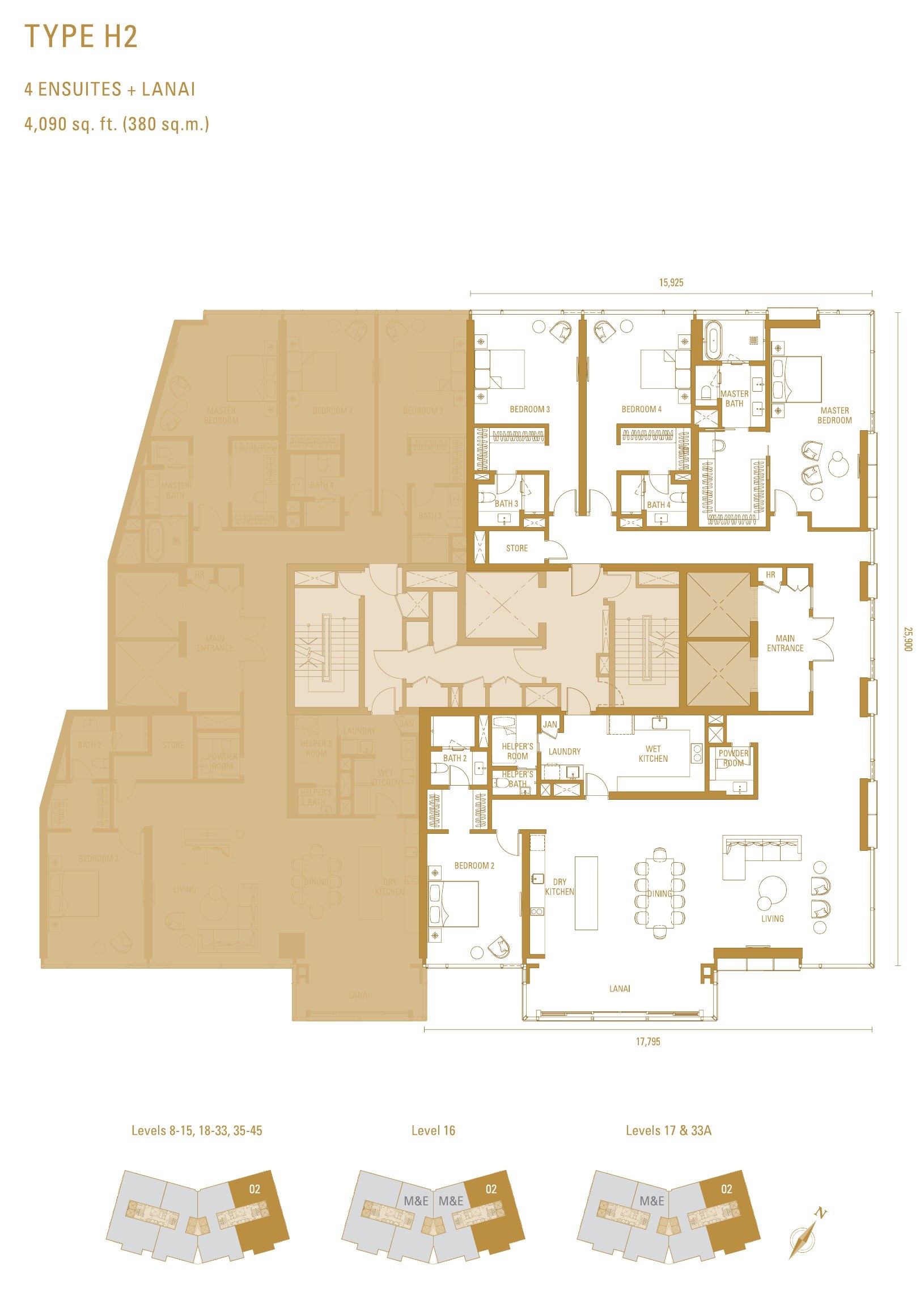 Imperial Residences Type H2 floor plan, 4,090 sq.ft. with four ensuites and a lanai
