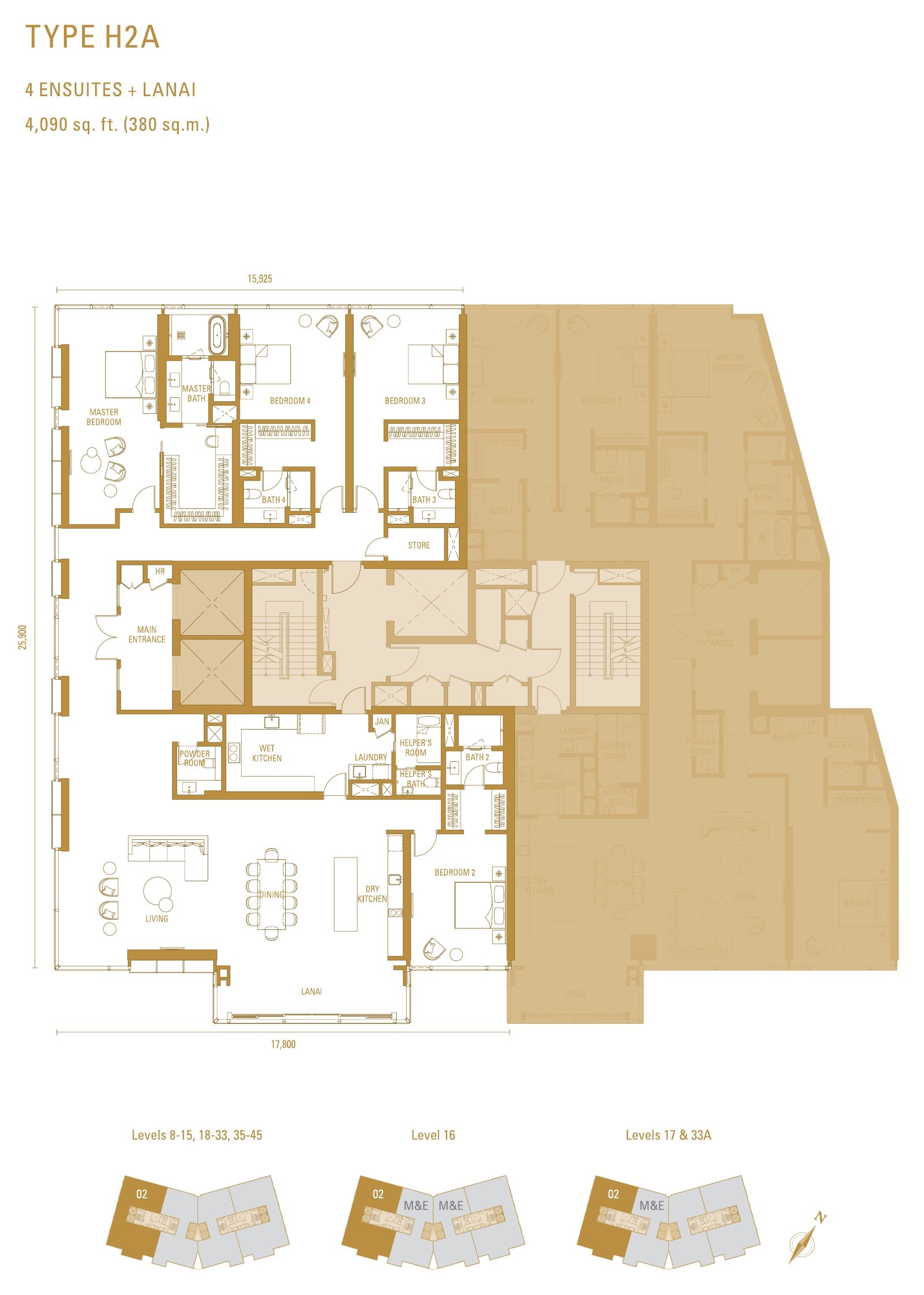Imperial Residences Type H2a floor plan, 4,090 sq.ft. with four ensuites and a lanai