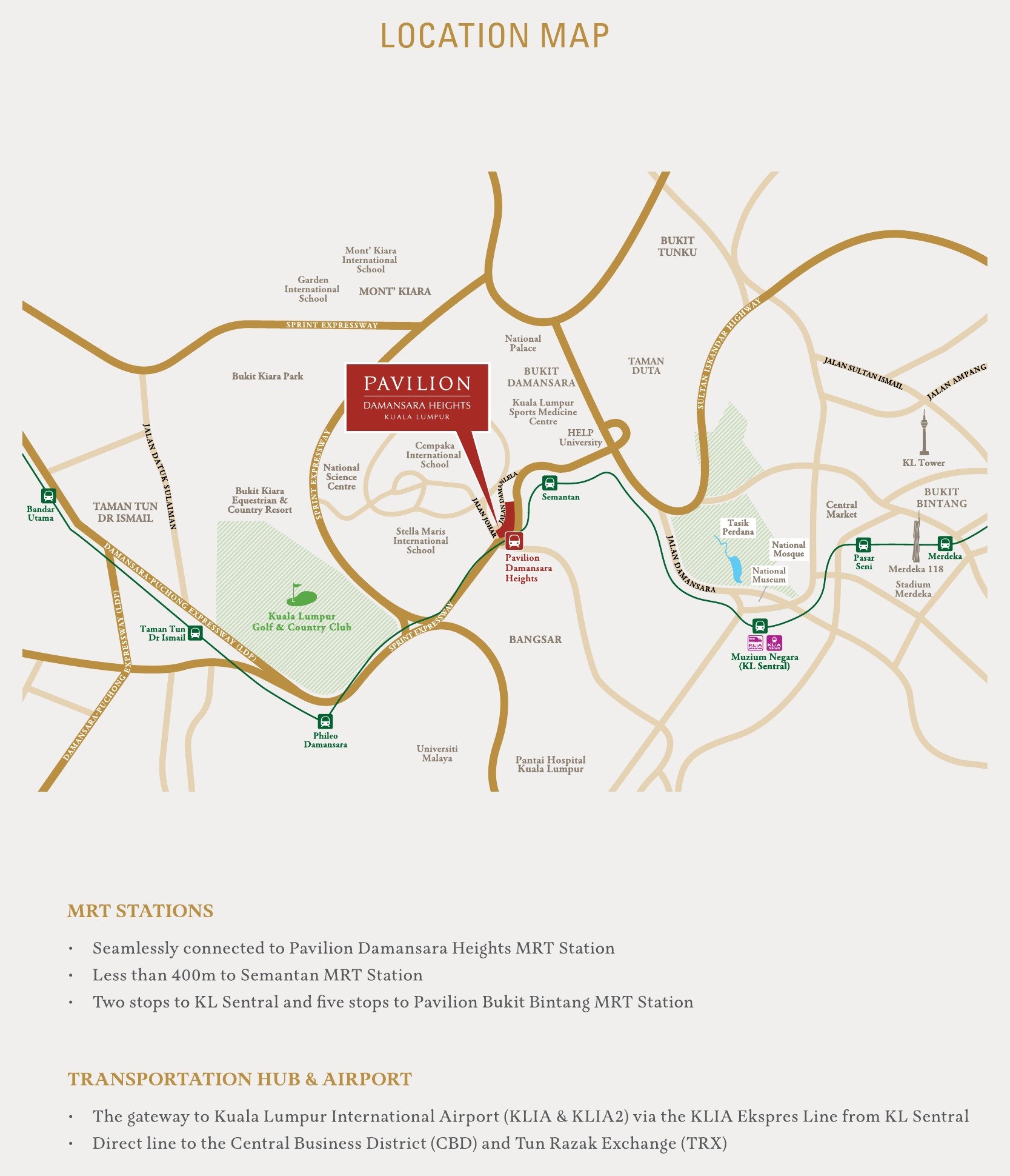 Pavilion Damansara Heights location map showing the MRT stations, Bukit Damansara and the surrounding districts