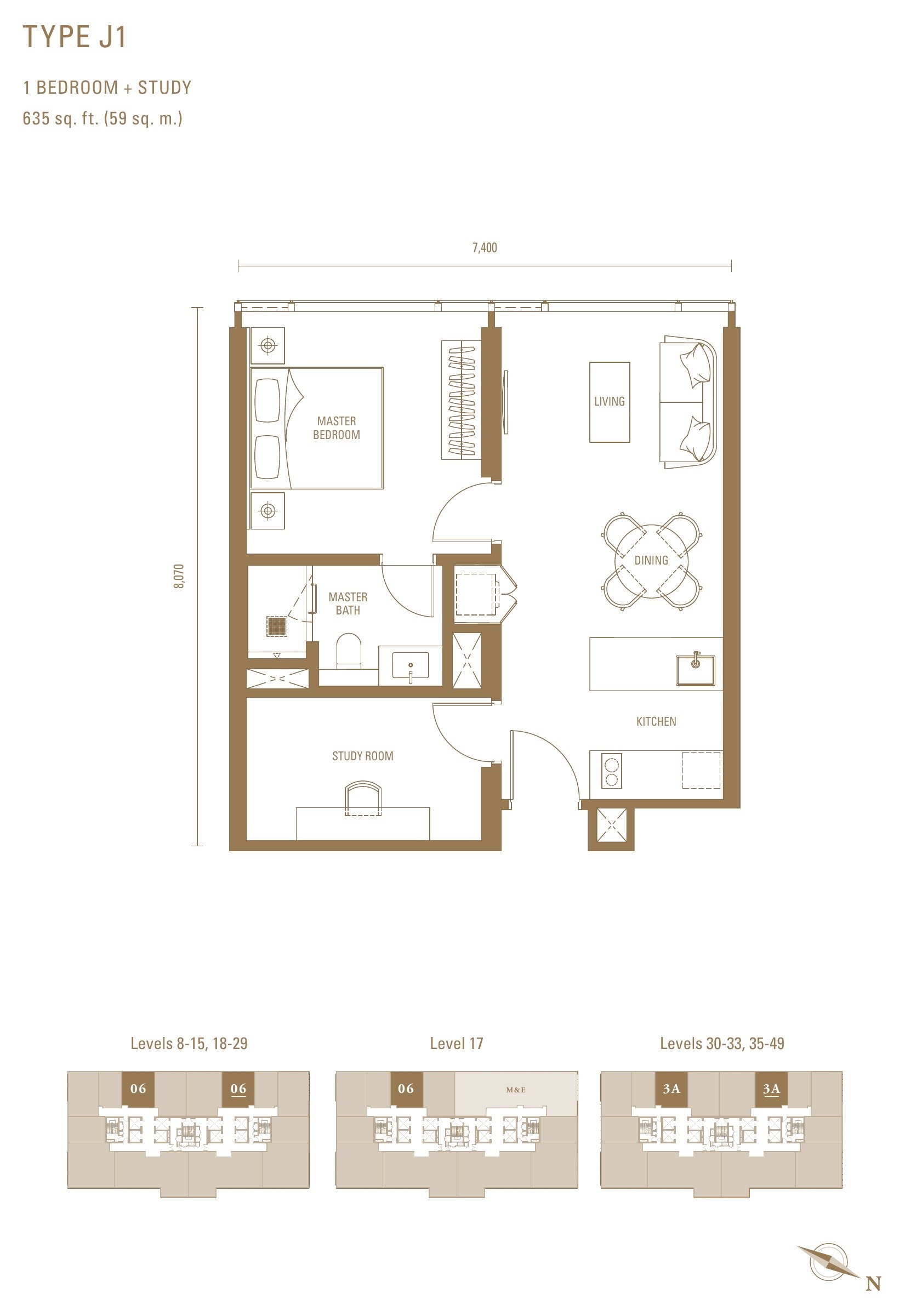 Royal Suites Type J1 floor plan, 635 sq.ft. with one bedroom and a study