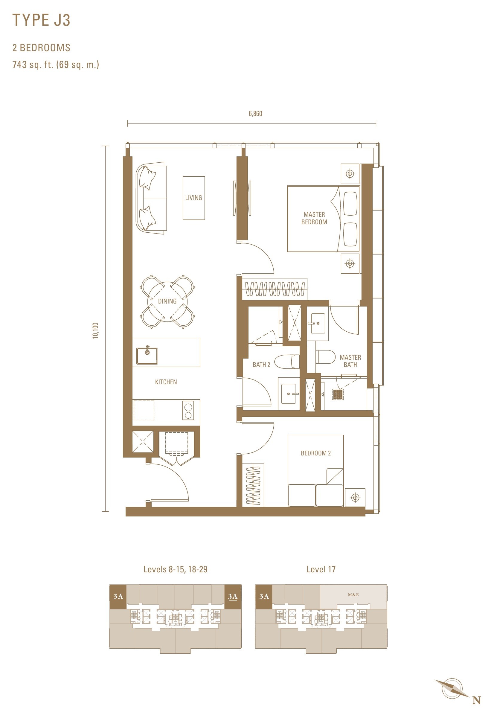 Royal Suites Type J3 floor plan, 743 sq.ft. with two bedrooms