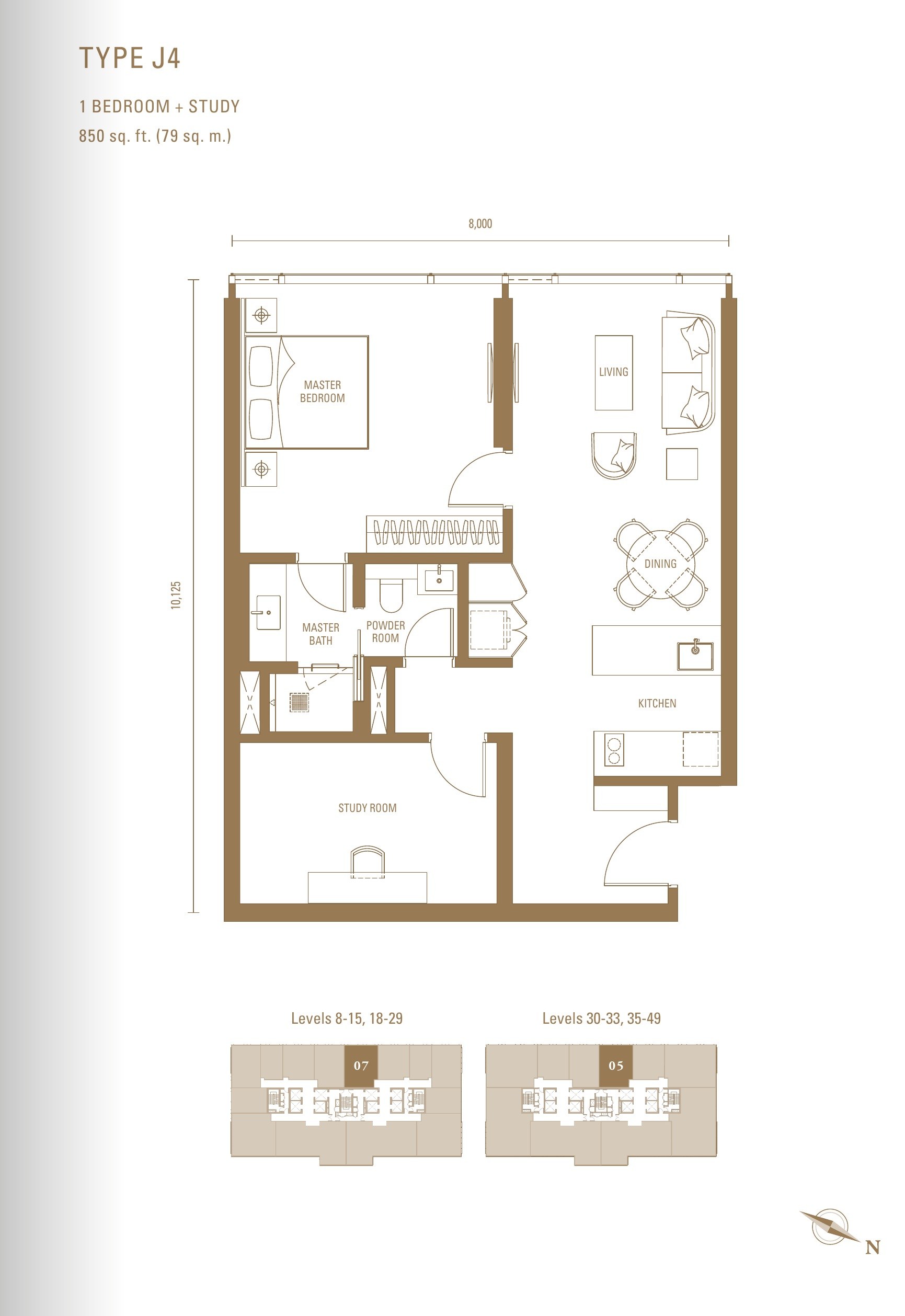 Royal Suites Type J4 floor plan, 850 sq.ft. with one bedroom, a study and a powder room