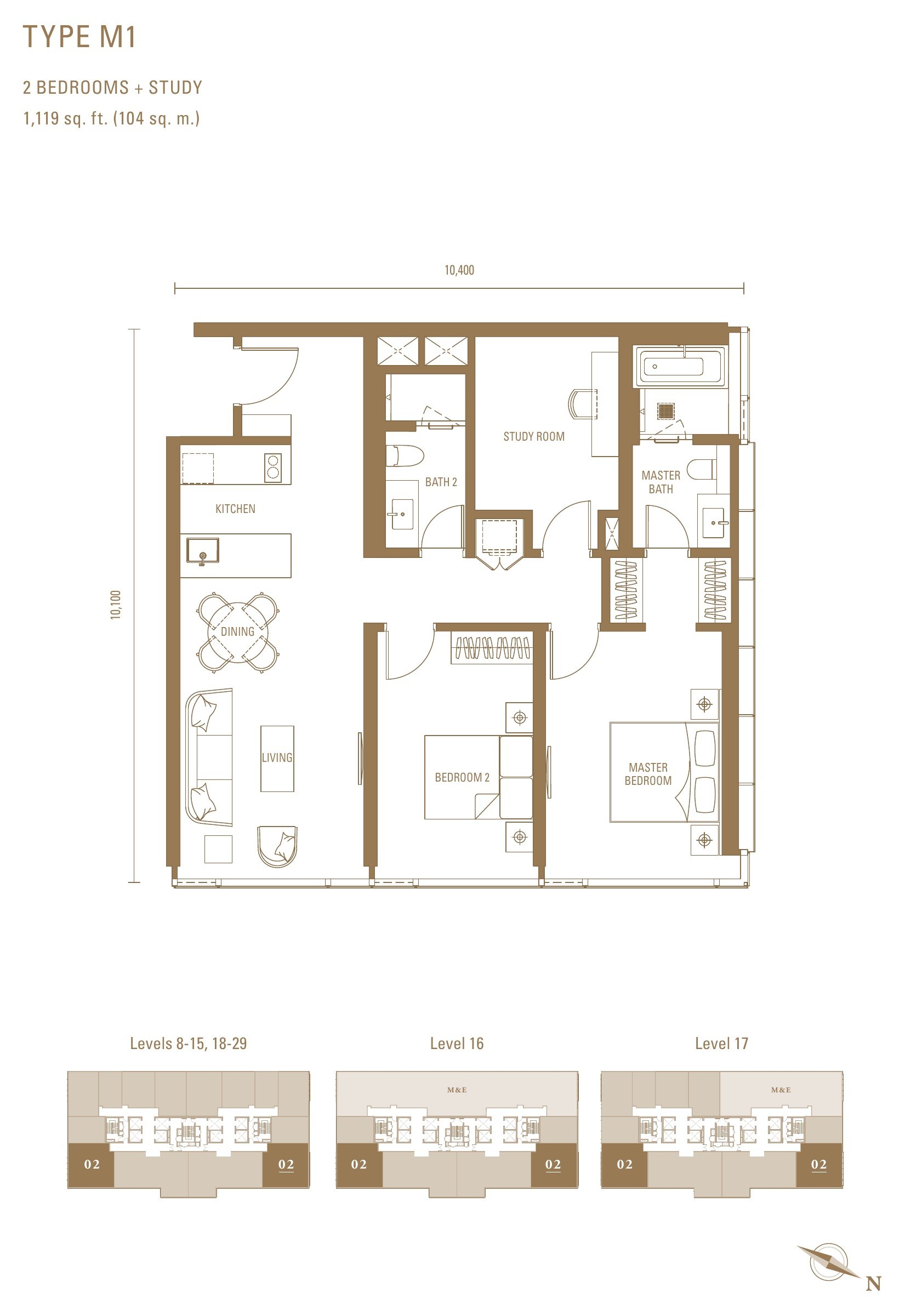 Royal Suites Type M1 floor plan, 1,119 sq.ft. with two bedrooms and a study