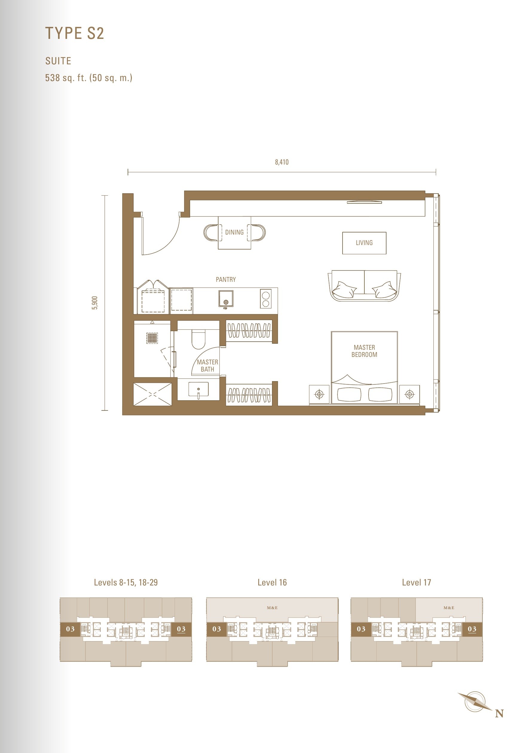 Royal Suites Type S2 floor plan, 538 sq.ft. suite