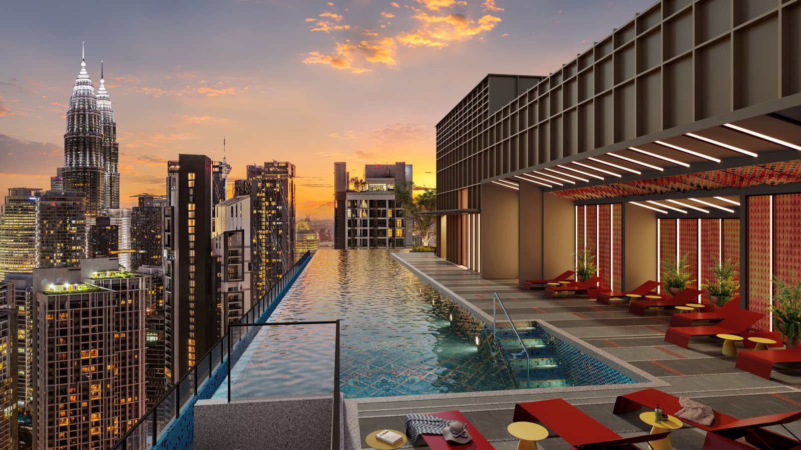 Sky pool on Level 52 at Phoeniz Suites KL City Centre looking towards the KLCC skyline, artist's impression
