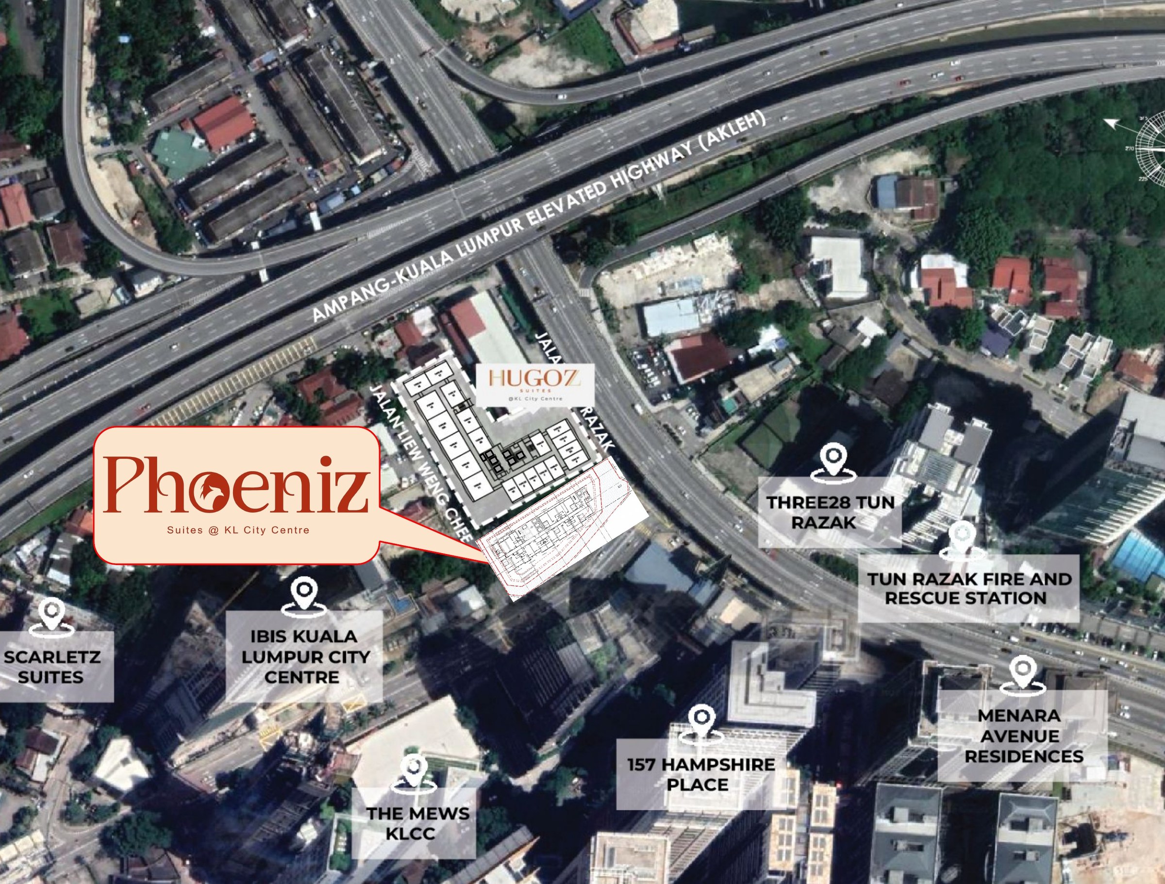 Phoeniz Suites KL City Centre site plan showing Jalan Liew Weng Chee, Jalan Tun Razak and the AKLEH elevated highway