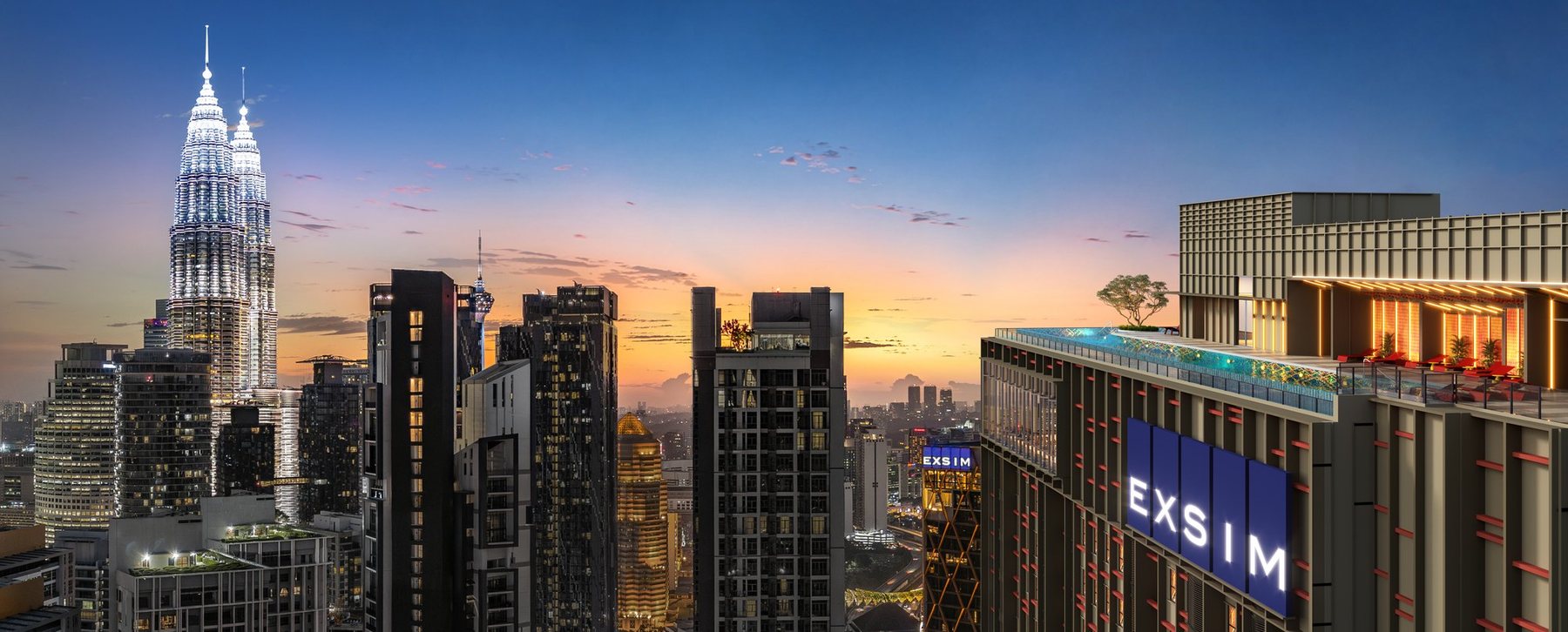 Rooftop view from Phoeniz Suites KL City Centre across the Kuala Lumpur skyline at dusk