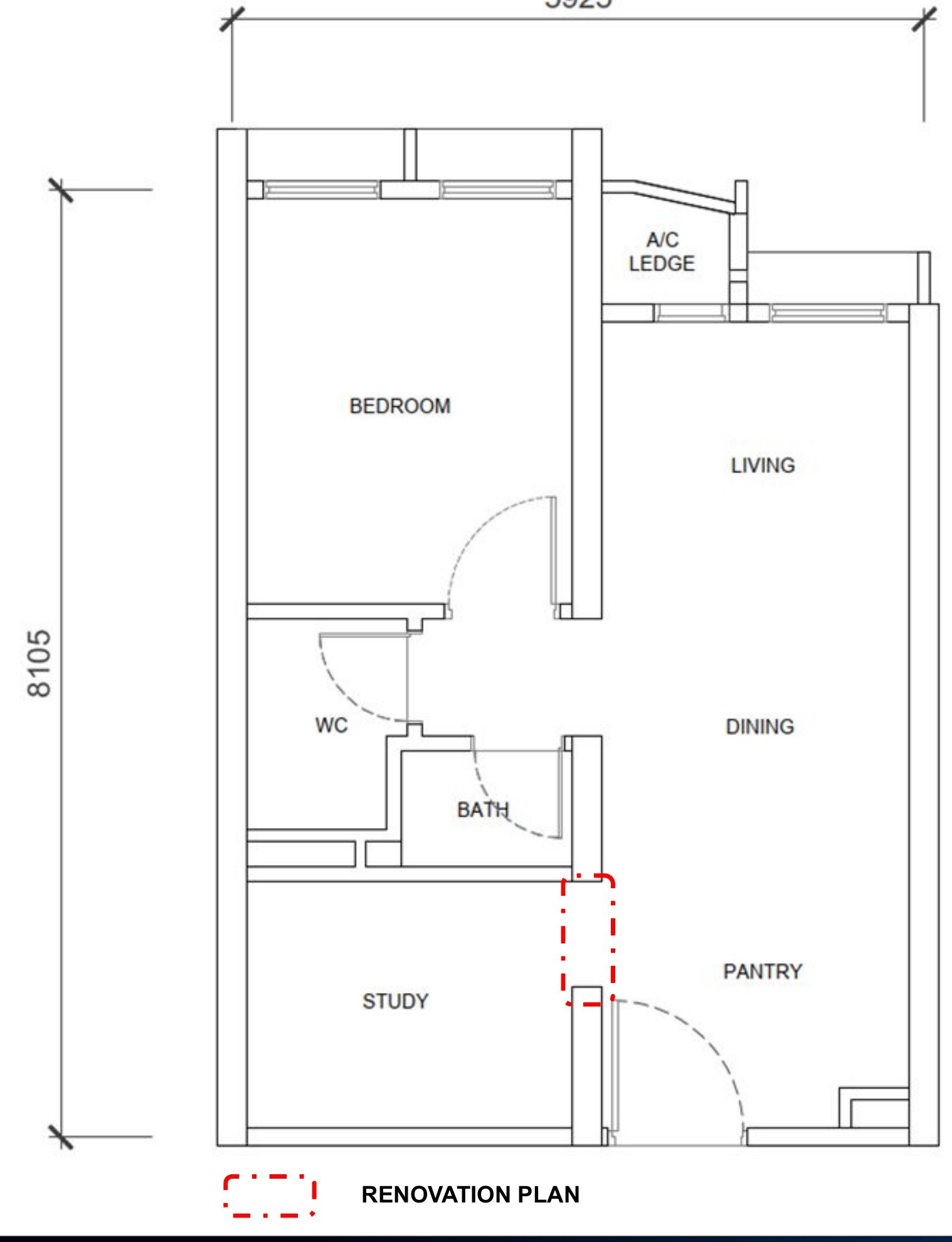 Phoeniz Suites KL City Centre Type A 484 sqft floor plan, 1 bedroom 1 bathroom with study