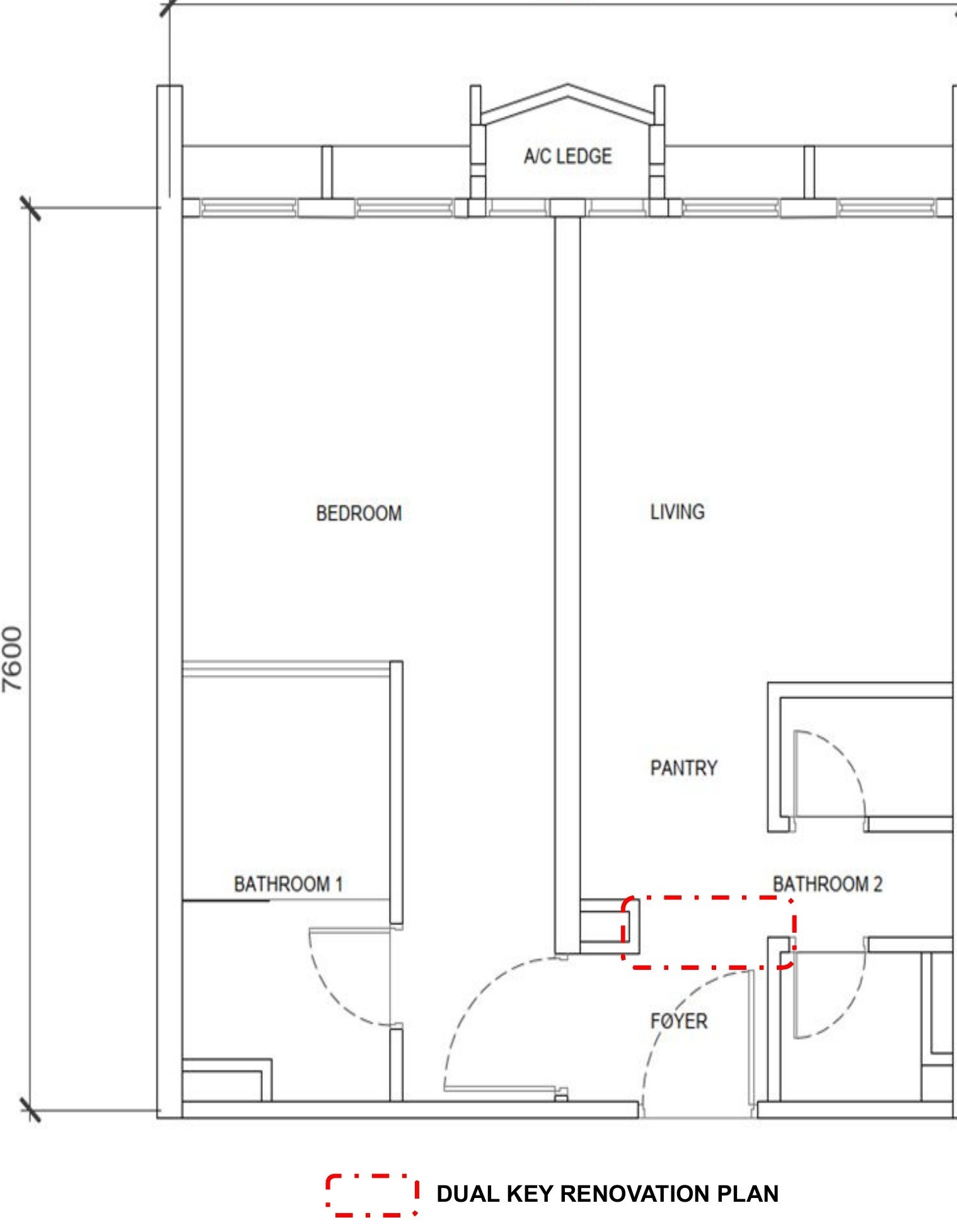 Phoeniz Suites KL City Centre Type B1 657 sqft dual-key floor plan, 1 bedroom 2 bathrooms
